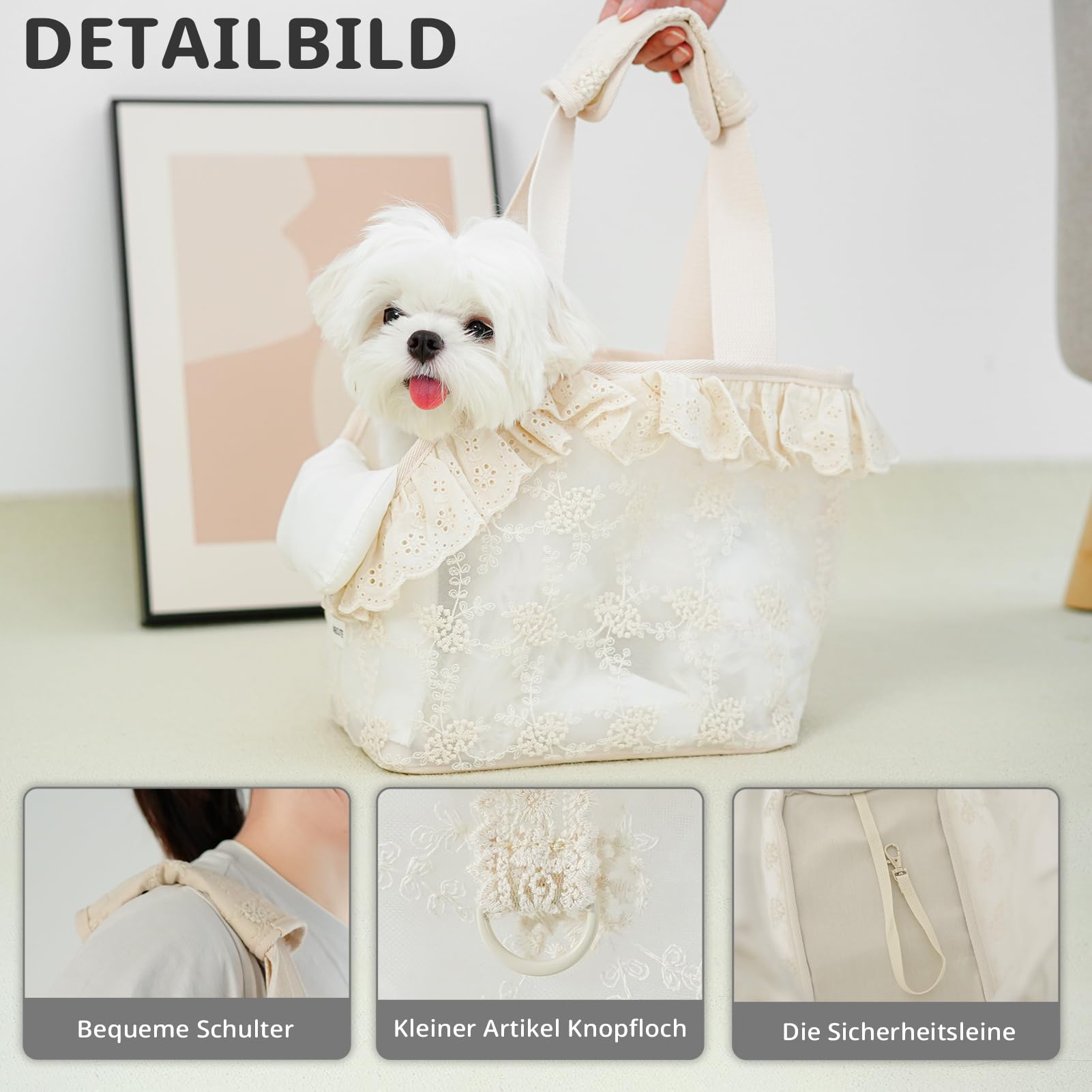 ONECUTE Sac de transport pour chien en dentelle pour chien et chat et lapin Beige (33 x 17 x 27 cm)