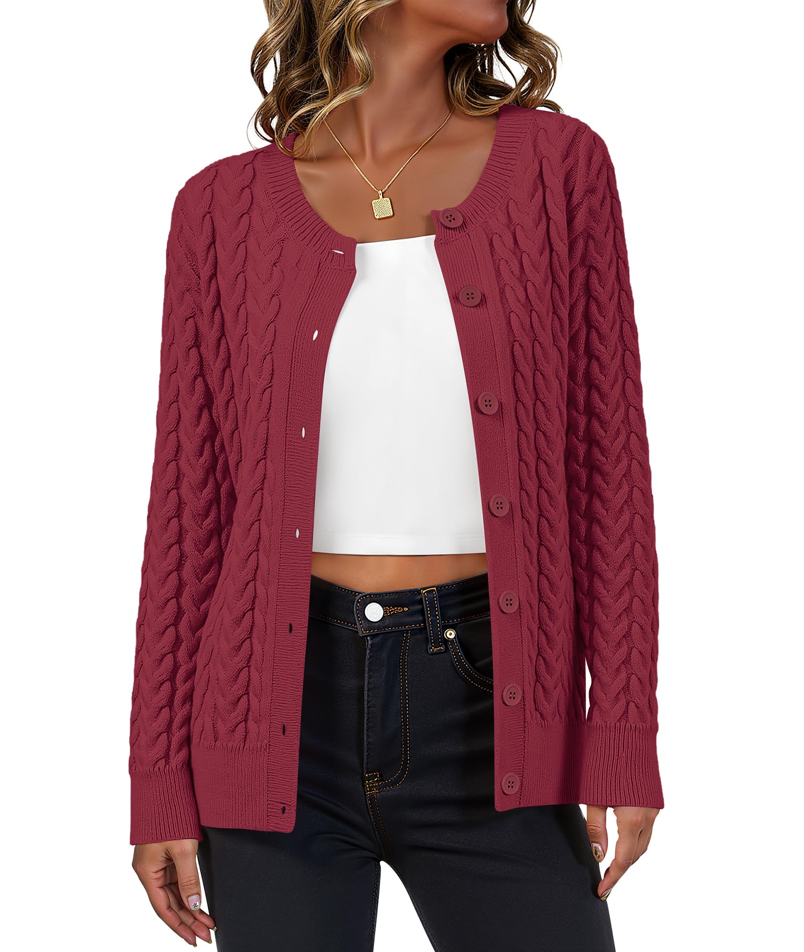 LILBETTER Womens Cable Knit Long Sleeve Crewneck Button Down Open Front Cardigan Sweater for Fall and Winter 2025