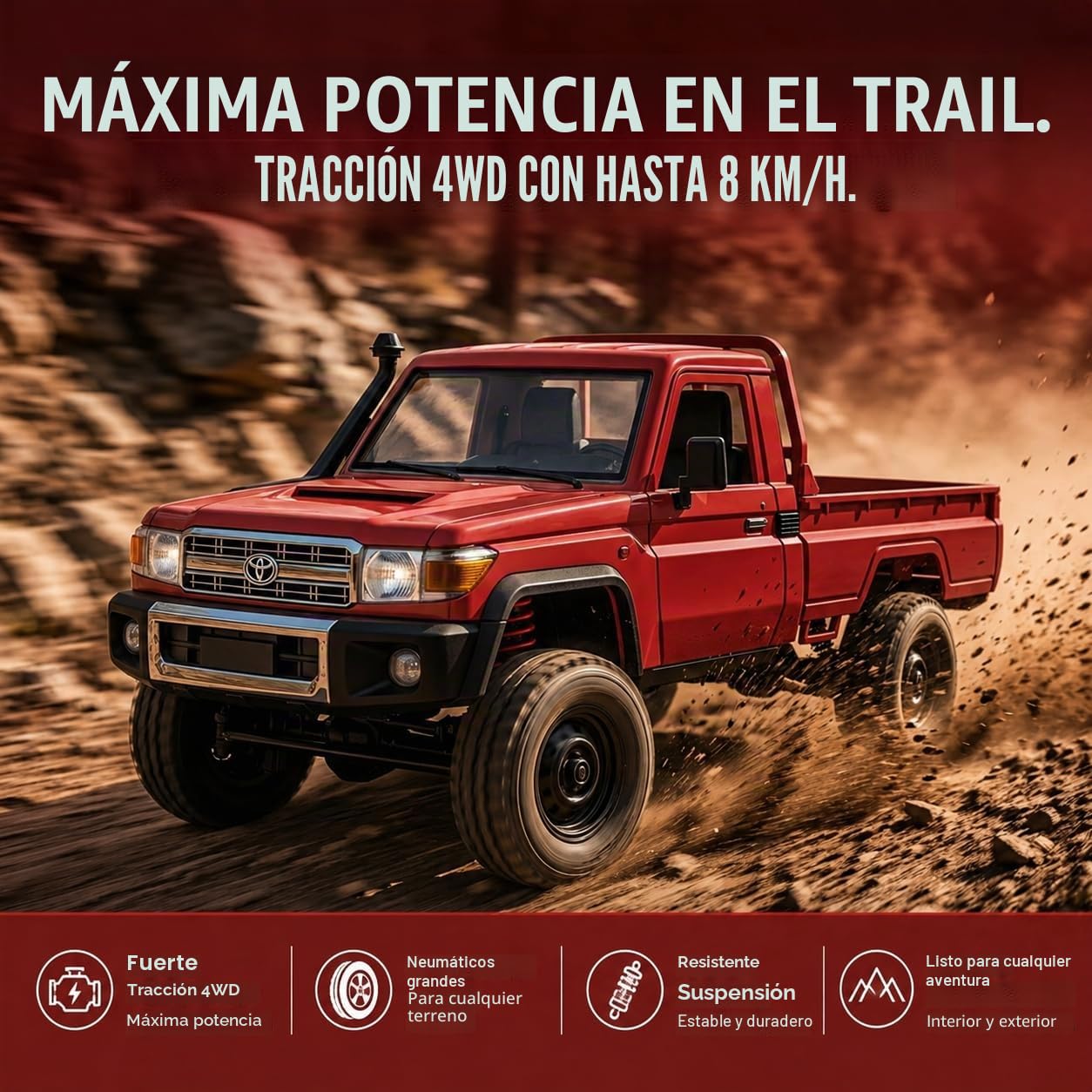Toyota Land Cruiser | Coche RC teledirigido 1:12 | Pickup 4WD Crawler | Control 2,4 GHz 100 m | Luz LED | Batería Li-Ion 7,4 V 500 mAh 30 min | Juego completo RTR todoterreno (Rojo)
