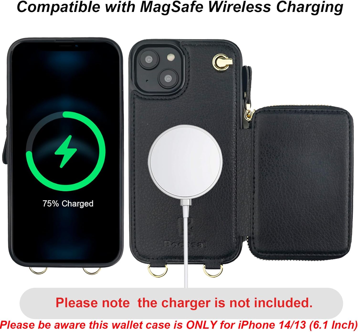 Bocasal for MagSafe Crossbody Wallet Case Compatible with iPhone 14 iPhone 13, RFID Blocking Protective Purse Case with Card Slots Holder Kickstand Wrist Strap Lanyard Zipper 6.1 Inch 5G (Black) - Image 3