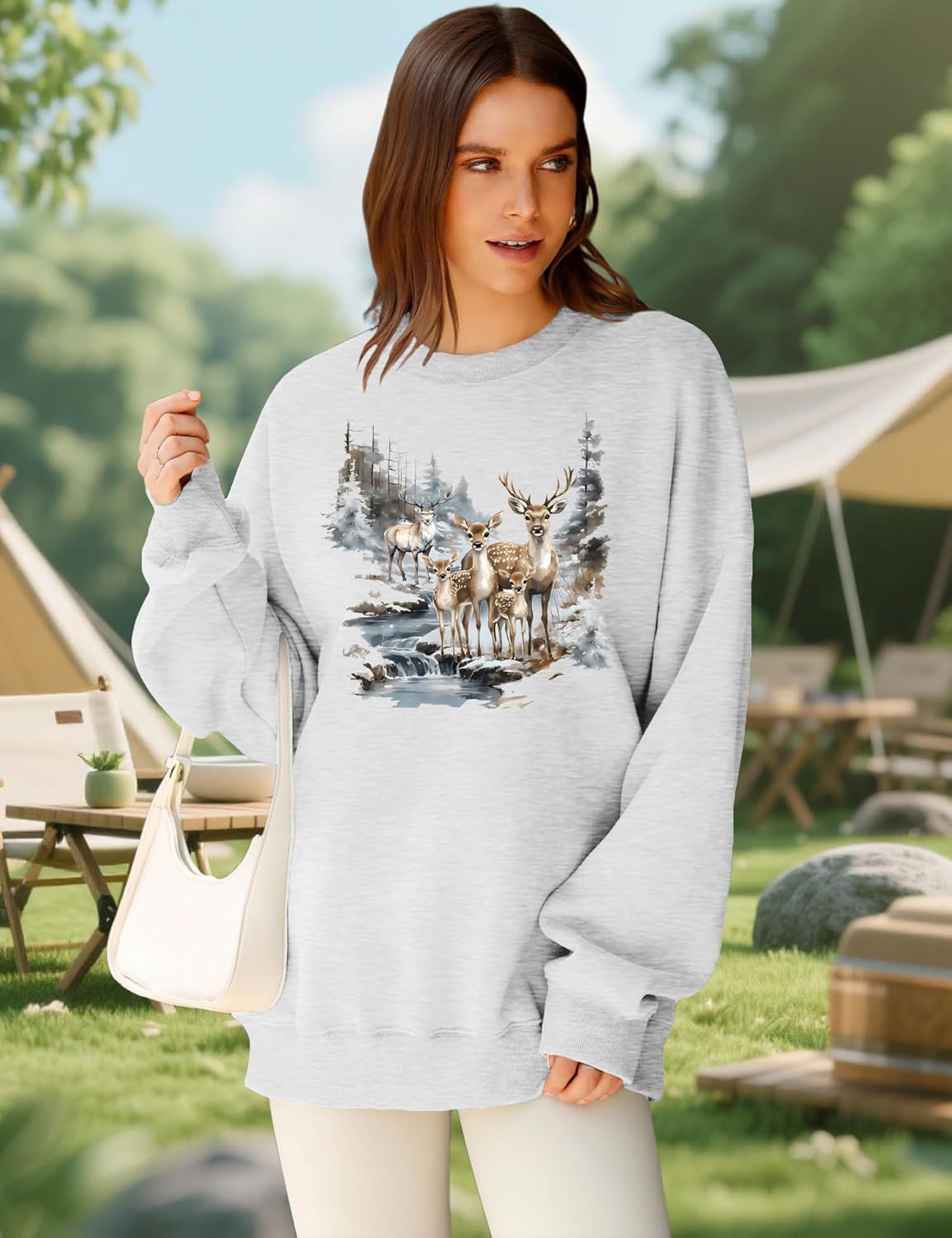 NEWWEN Deer Wilderness Scene Vintage Sweatshirt Women Oversized Nature Camp Shirt Animal Print Outfits Wildlife Winter Tops