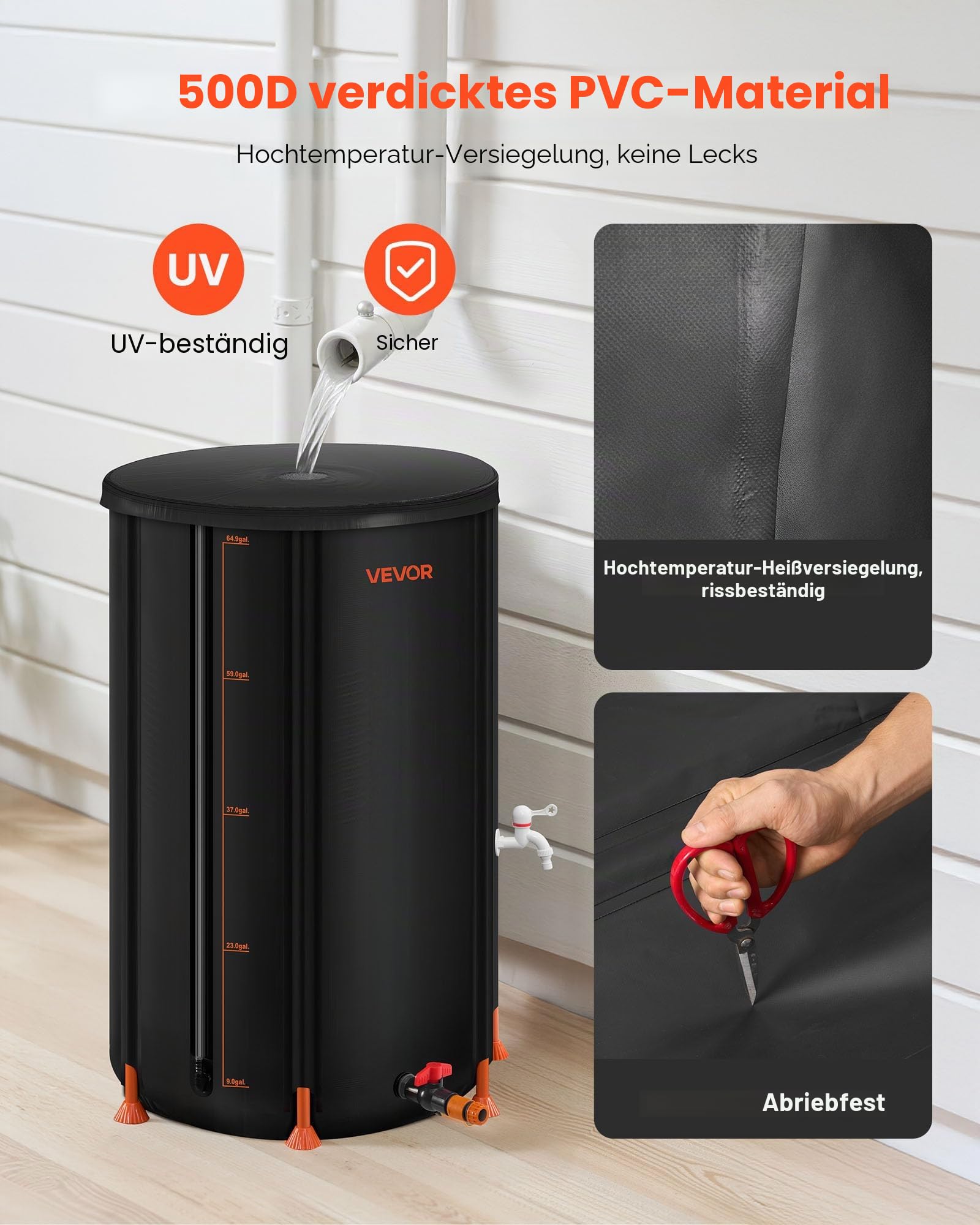 VEVOR Regentonne faltbar, 250 L tragbares Regenfass, Regenwassertank, 500D PVC-Regenwassersammelsystem, Wassertank, Regenwassertonne mit Zapfhahn und Überlaufset, Schwarz