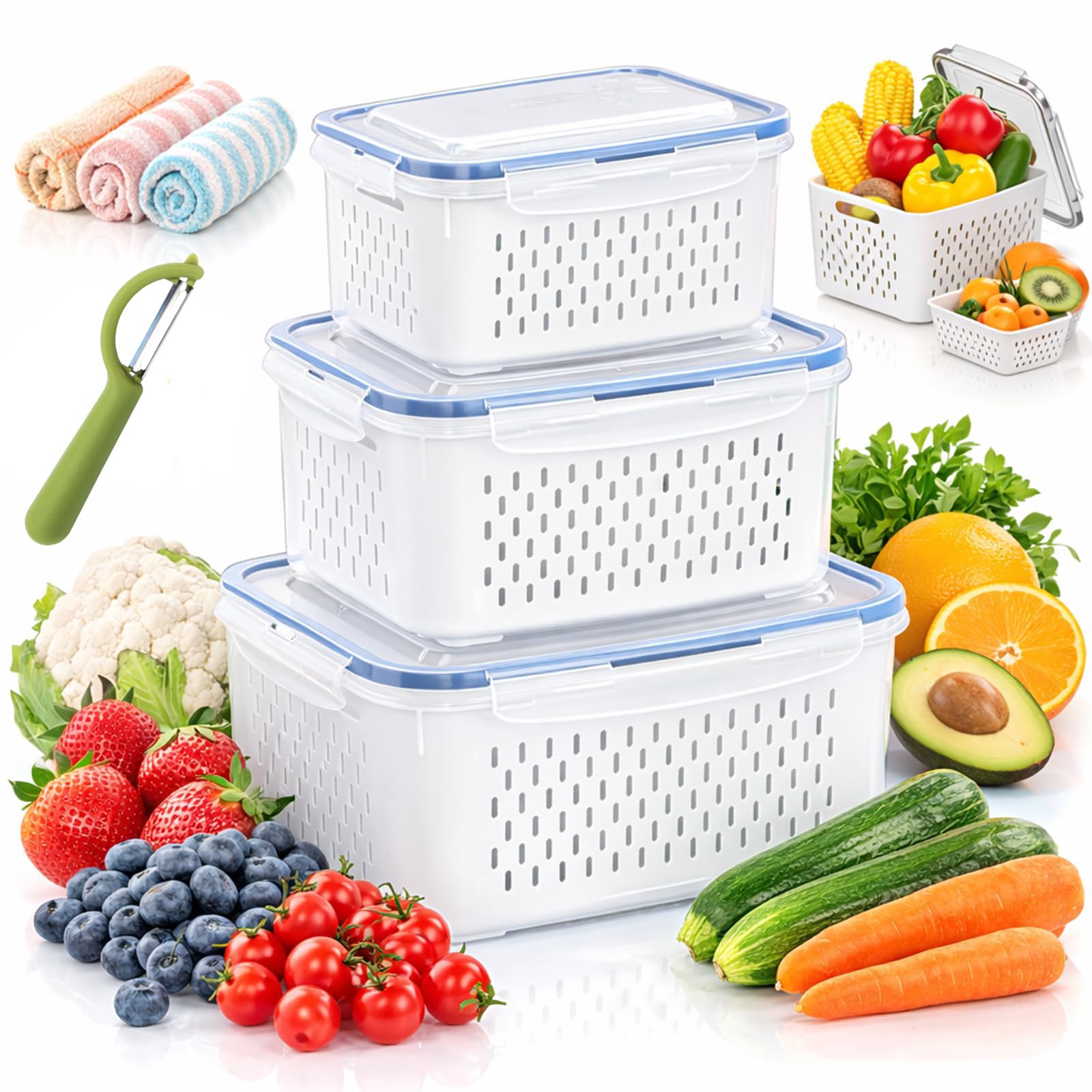 2026 4 in 1 Food Storage Container, Fruit Storage Containers for Fridge with Removable Colanders, Household Transparent Plastic Food Storage Box, Including Drain Basket, Kitchen Organizer (Blue,S+M)