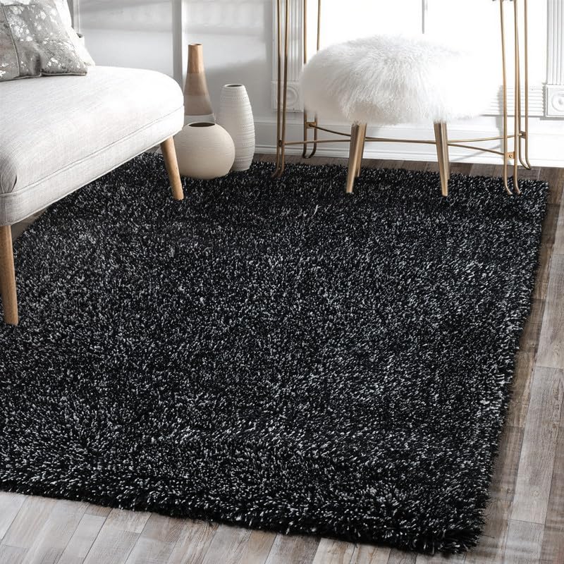 Image of FIASCO Round Shaggy Carpet Plain Fur Rugs Home and Office Sqaure Microfiber 2 Inch Pile Height Back in Canvas Modern Interior Mats 5X5 Feet Black Light Grey Mix