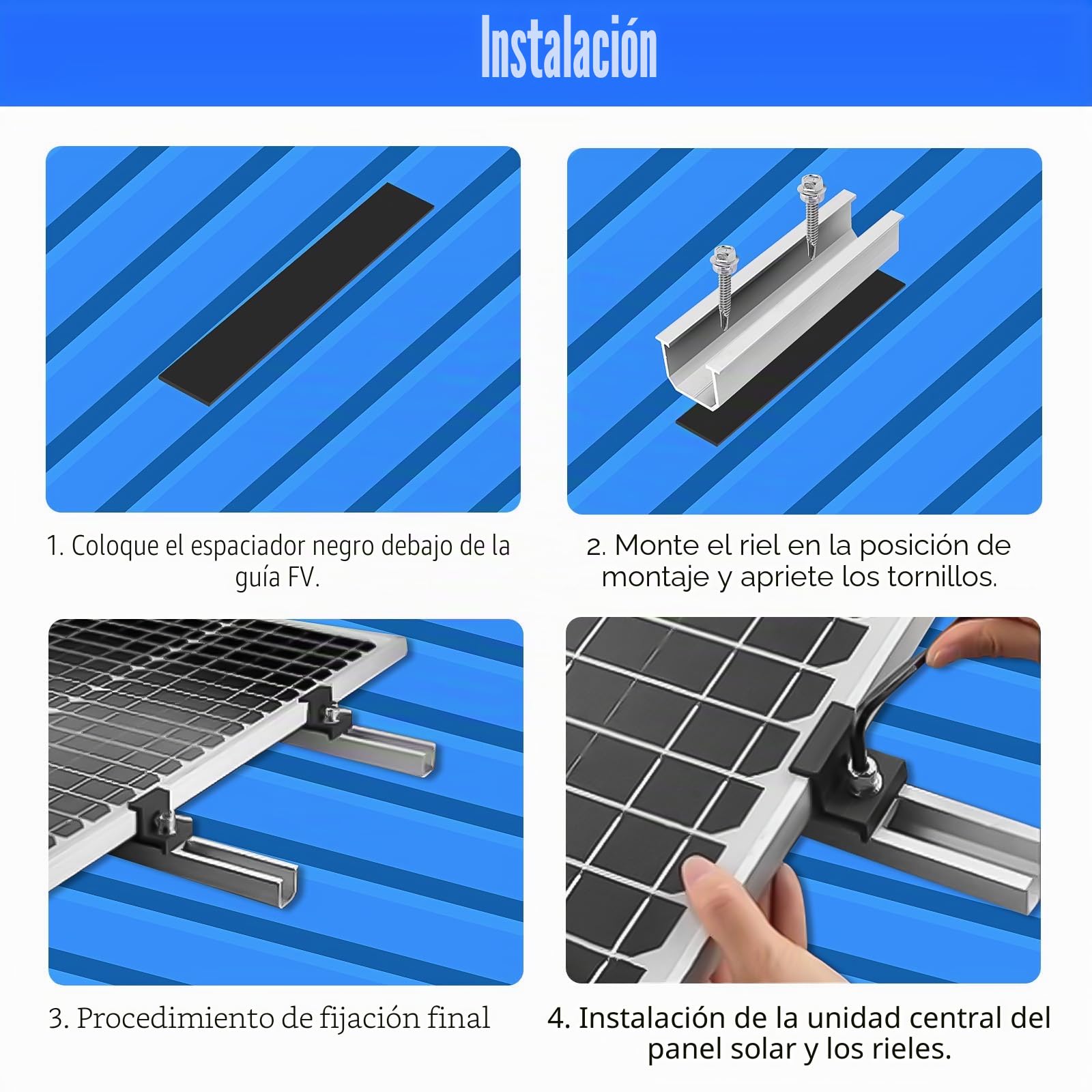Soporte Panel Solar 12cm Aluminio, Abrazadera 30-35mm | Kit Universal: Compatible Tejado, Tejas, Techo Metalico y Autocaravana – Clips de Puesta a Tierra Incluidos, Solucion Complet