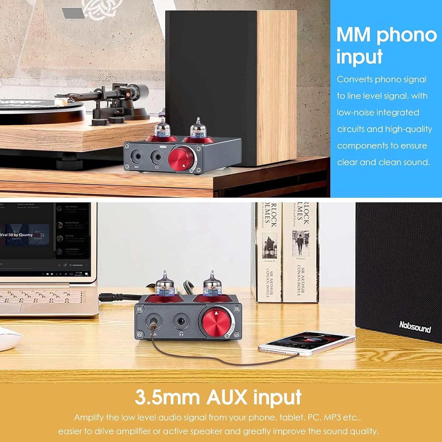 McbeAn Audio Preamplifier, Mini Vacuum Tube Phono Preamplifier, Retro Warm Sound, for Turntable Phone/PC/MP3/TV Home Stereo Headphone Amplifier