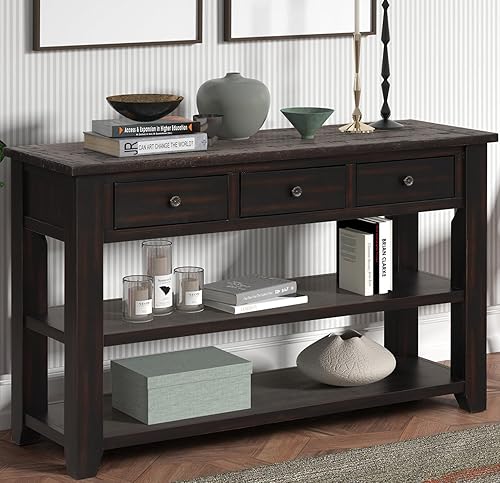Miniatura 10 de Mesa consola de madera maciza de 48 pulgadas, mesa de sofá de madera de pino con cajones de almacenamiento y estantes, mesa de entrada retro para