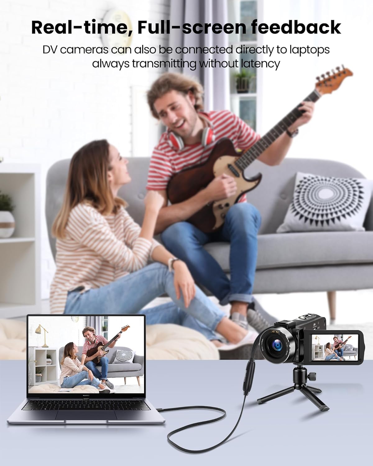 A camcorder connected to a laptop via the avedio links converter, showing real-time feedback on the laptop screen