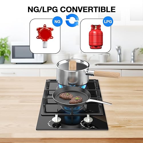 Miniatura 5 de Estufa de gas de 2 quemadores de propano de 12 pulgadas, estufa de gas portátil de vidrio templado con protección de termopar, doble combustible de