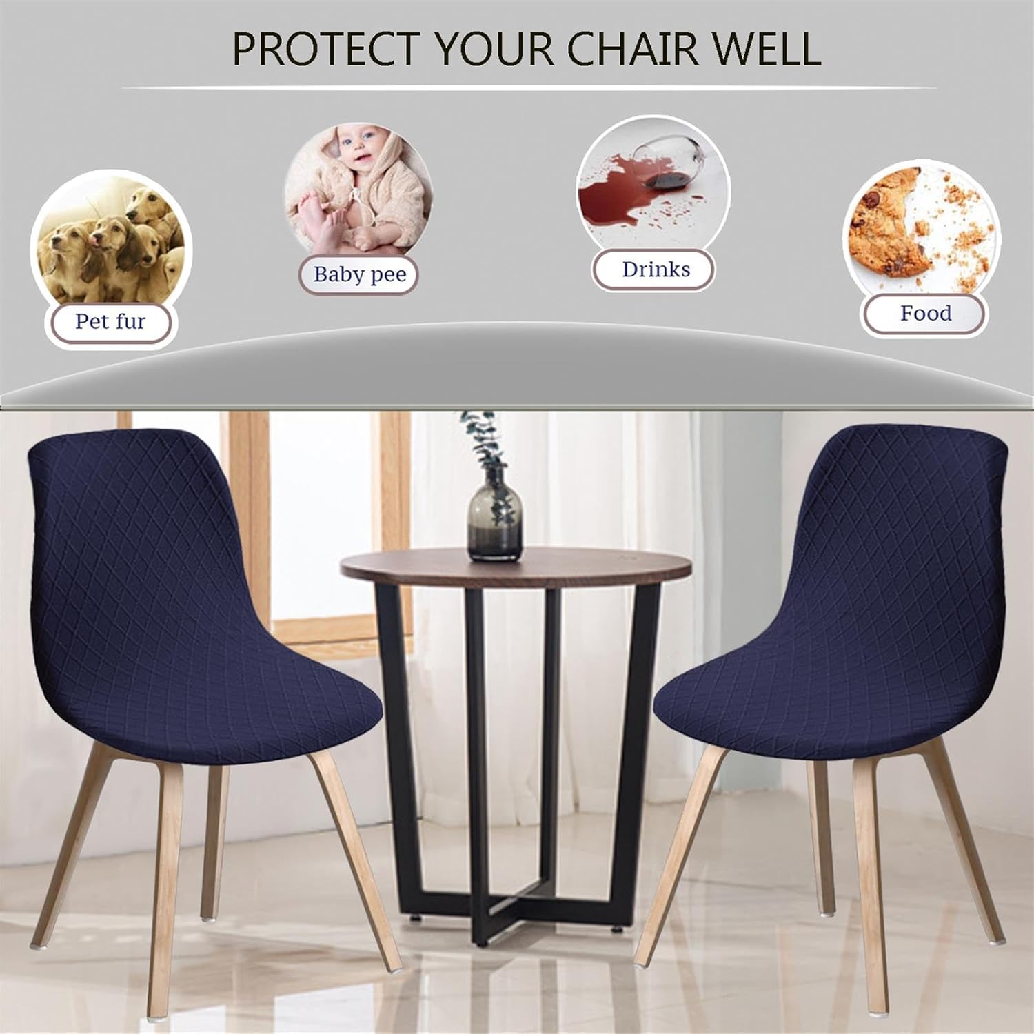 Jacquard Shell Chair Covers Set of 2/4/6 Stretch Waterproof Scandinavian Dining Chair Slipcovers Washable Modern Chair Protector Seat Covers for Living Room Coffee,Navy Blue,2pcs