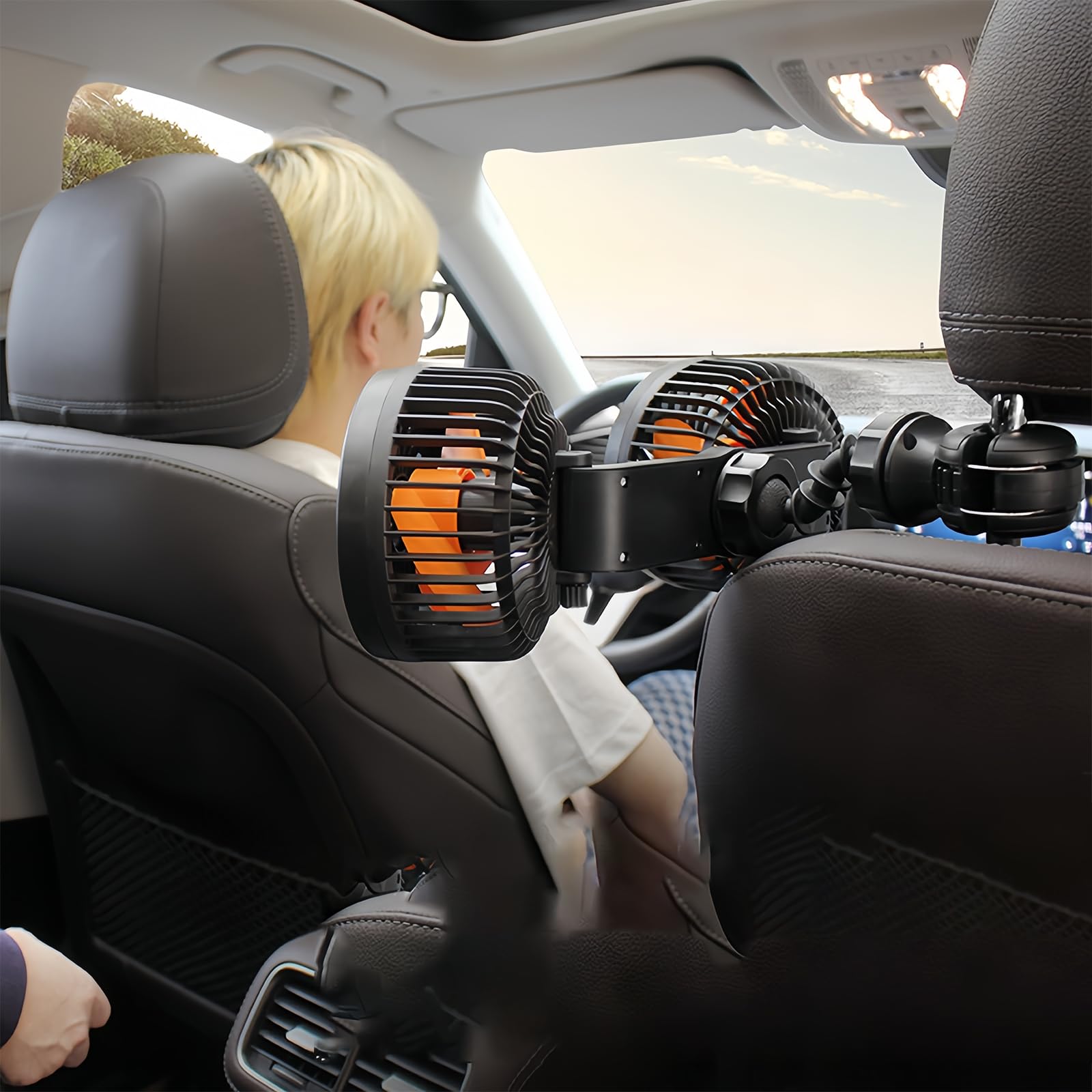 Ventilatore per auto, 12V/24V ventilatore per auto presa accendisigari, 3 velocità, doppia ventola girevole a 360 gradi, regolabile, ventola di raffreddamento, ventola a doppia testa per poggiatesta
