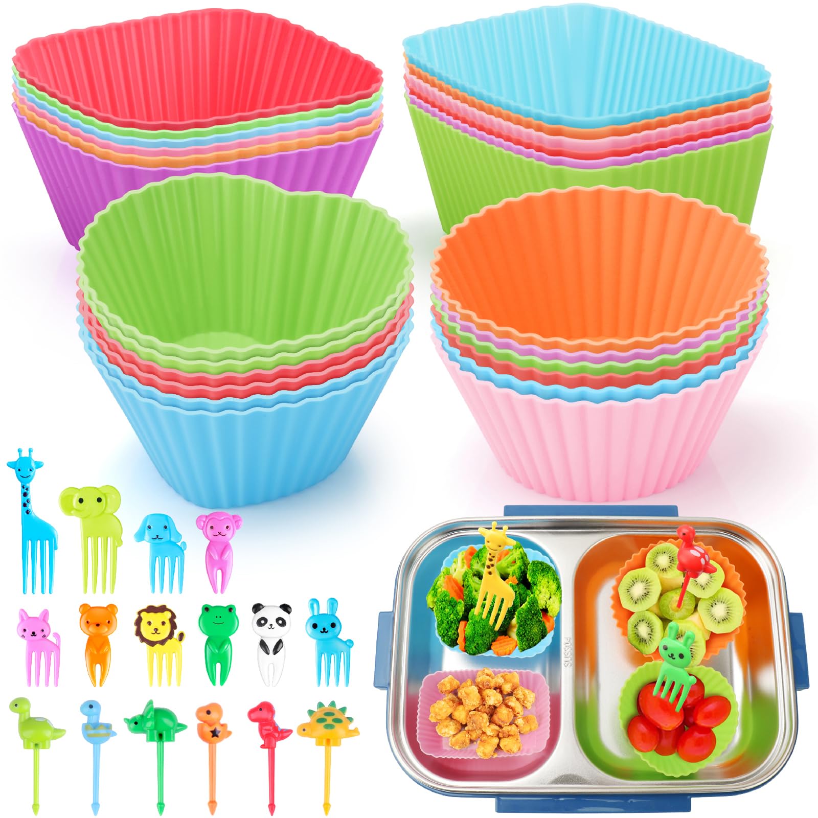100PCS Silicone Lunch Box Dividers for Kids Lunch Accessories Set, Including 24 Reusable Silicone Cupcake Liners Baking Muffin Cups with 76 Animal Food Picks for Kids, Lunchbox Bento Box Accessories