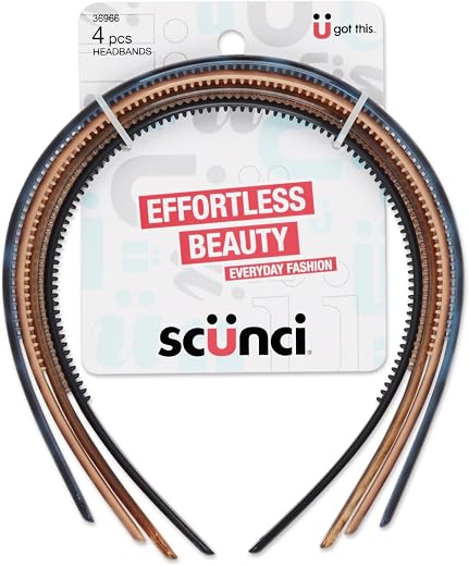 Scunci by Conair Effortless Beauty Skinny Plastic Headbands for Women and Men, Headbands in Durable Plastic, 4 Pack, Neutral Colors