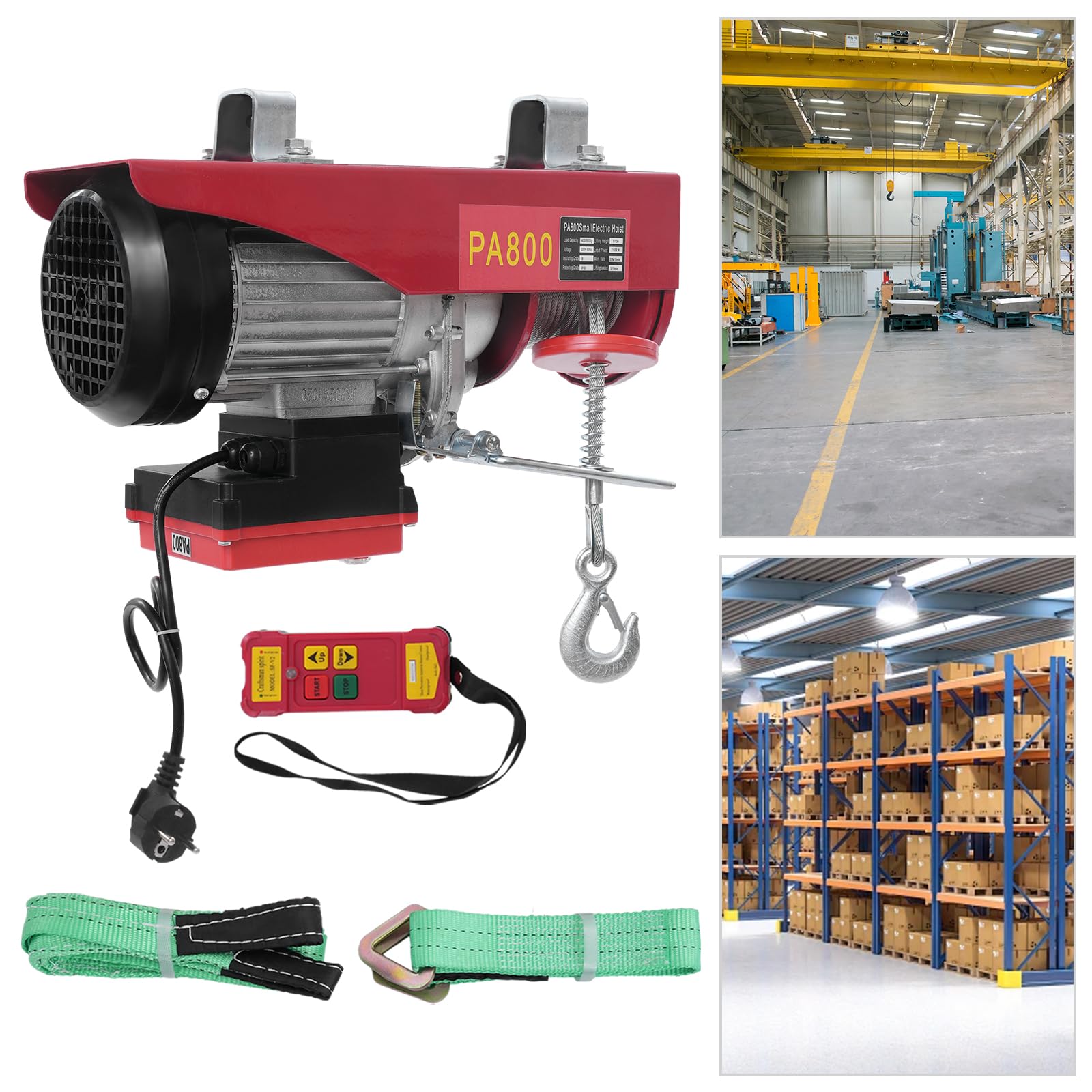 Elektrische Seilwinde aus Metall mit 1450W Motor, Kabellosen Fernbedienung Elektrische Flaschenzug Seilzug Motorwinde 400kg bis 800kg, Elektrischer Hebezug Seilhebezug Kettenzug mit 2 Schlingen
