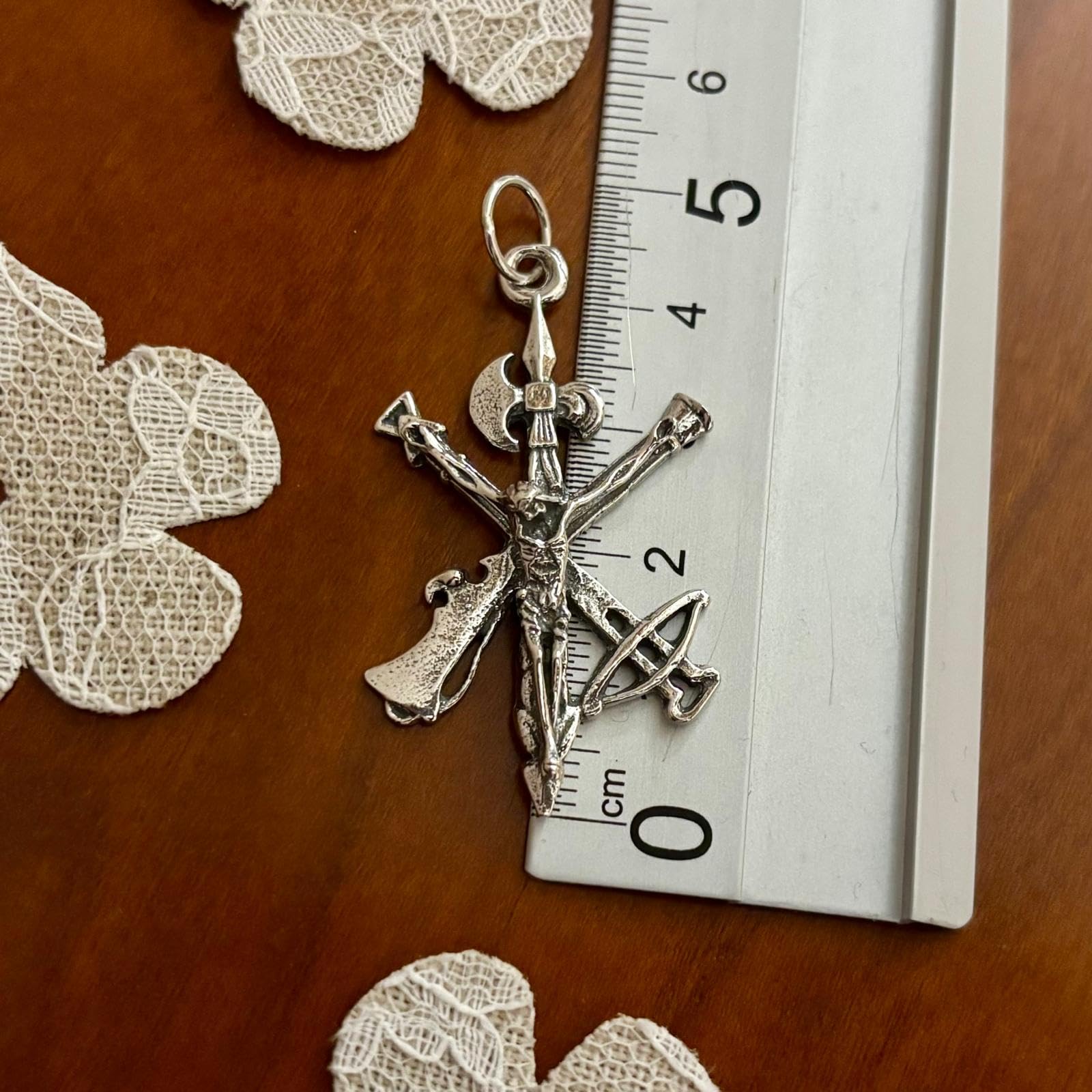 Cruz grande Cristo de la Legión de Plata de ley maciza envejecida 44x25mm 6gr