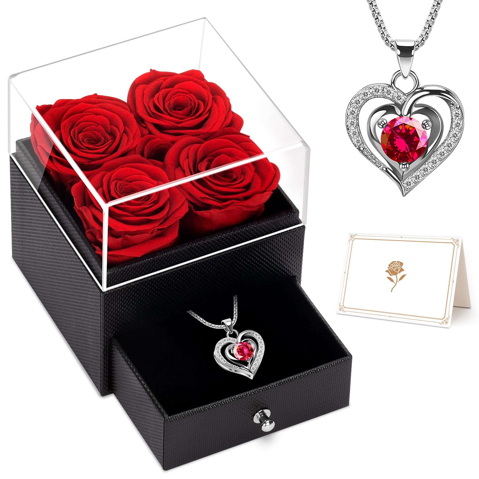 LACCHOUFEE Birthday Day Rose Gifts for Women, Preserved Flowers 4 Rose Gift for Mom, Box with Necklace, Grandma Wife Friend Teacher, Nurse, Anniversary Day Gift for Her