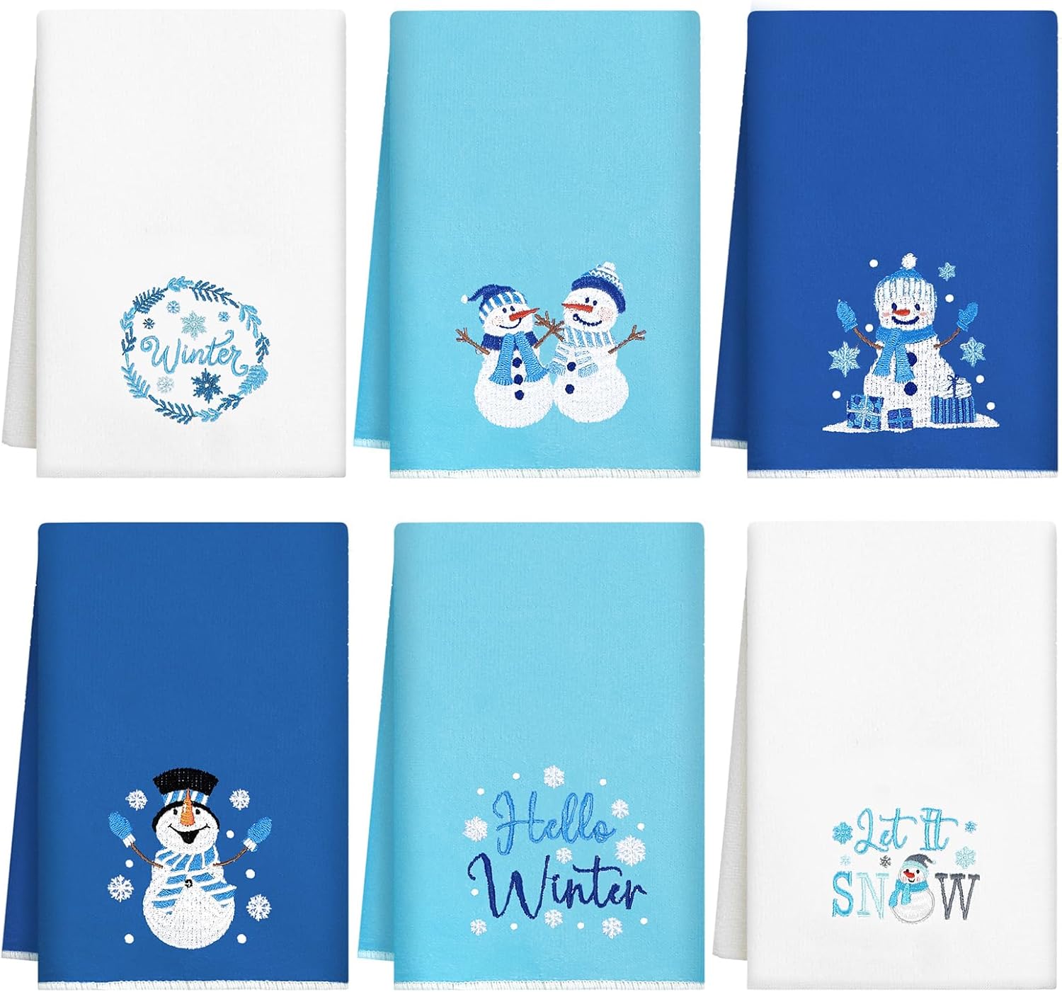 Geyoga 6 Pcs Winter Hand Towels Snowman Embroidered Blue Rustic Bathroom Towels for Winter Bathroom Kitchen Farmhouse Decor Gifts, 13.8 x 23.6 Inch