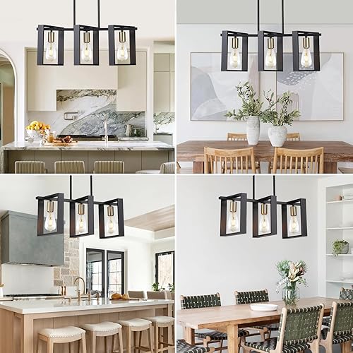 Miniatura 9 de 9MMML Iluminación de isla de cocina de 3 luces, moderna lámpara colgante lineal rectangular, marco negro + candelabro dorado para comedor y sala de