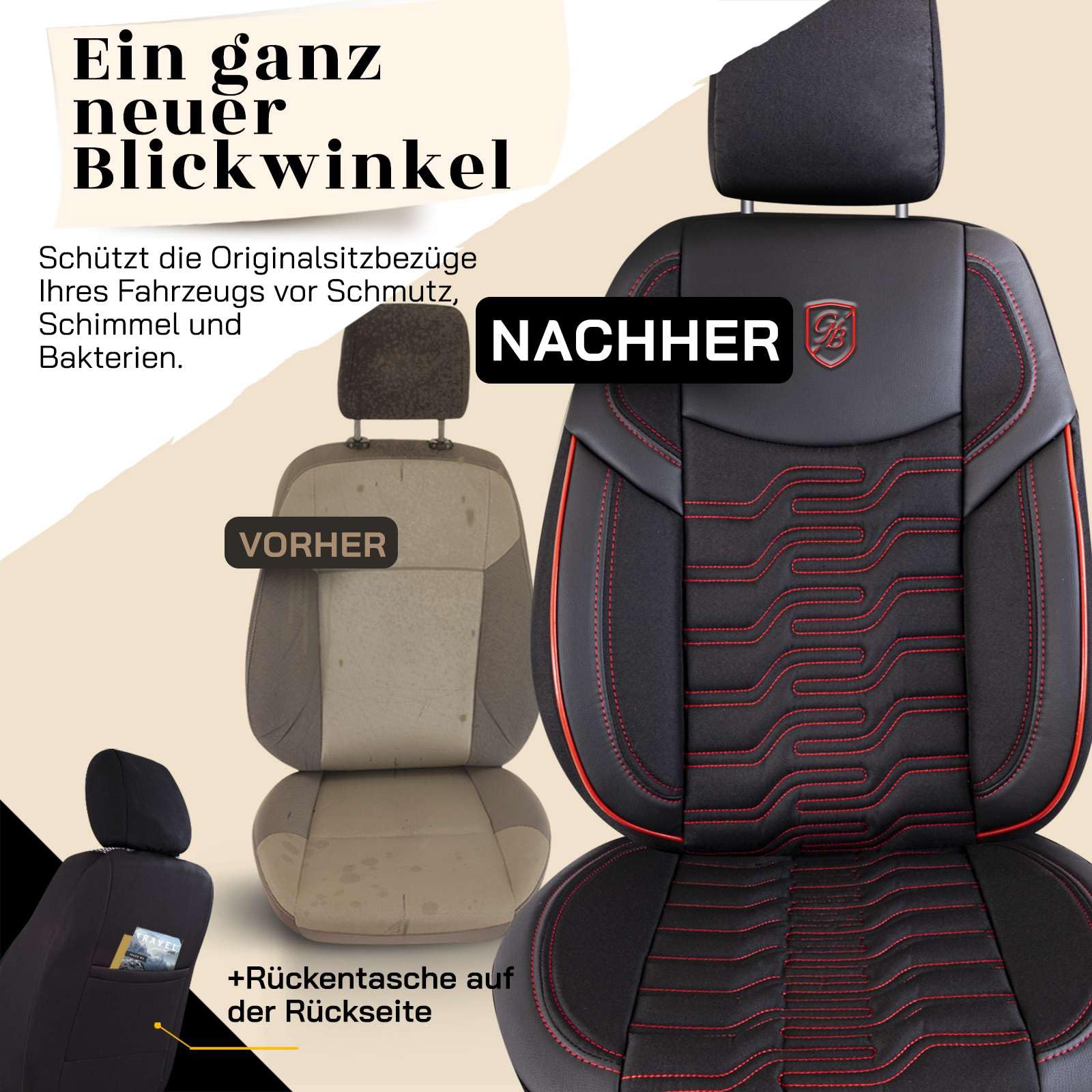 Autositzbezüge Universal – Premium Autozubehör Innenraum für PKW & SUV – Jacquard Sitzauflage, Autoschonbezug Auto, Airbag-kompatibel, Schwarz-Rot, Vordersitz-Set inkl. Montageset