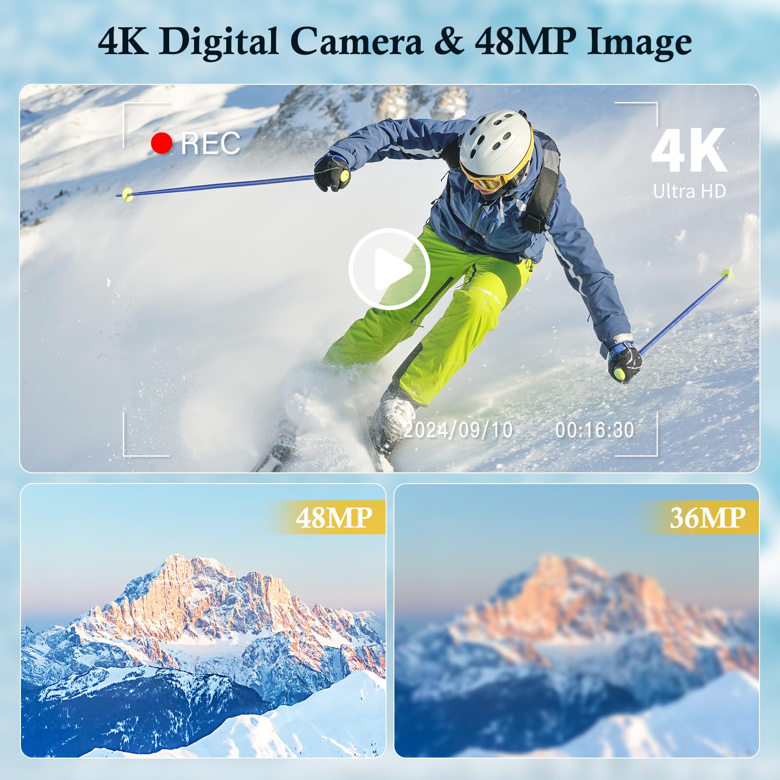 Cámara Digital 4K Ultra HD 48MP, Cámara de Fotos con Doble Lente, Zoom 16X, Tarjeta SD 32GB y 2 Baterías, Cámara Vlogging Portátil para Principiantes
