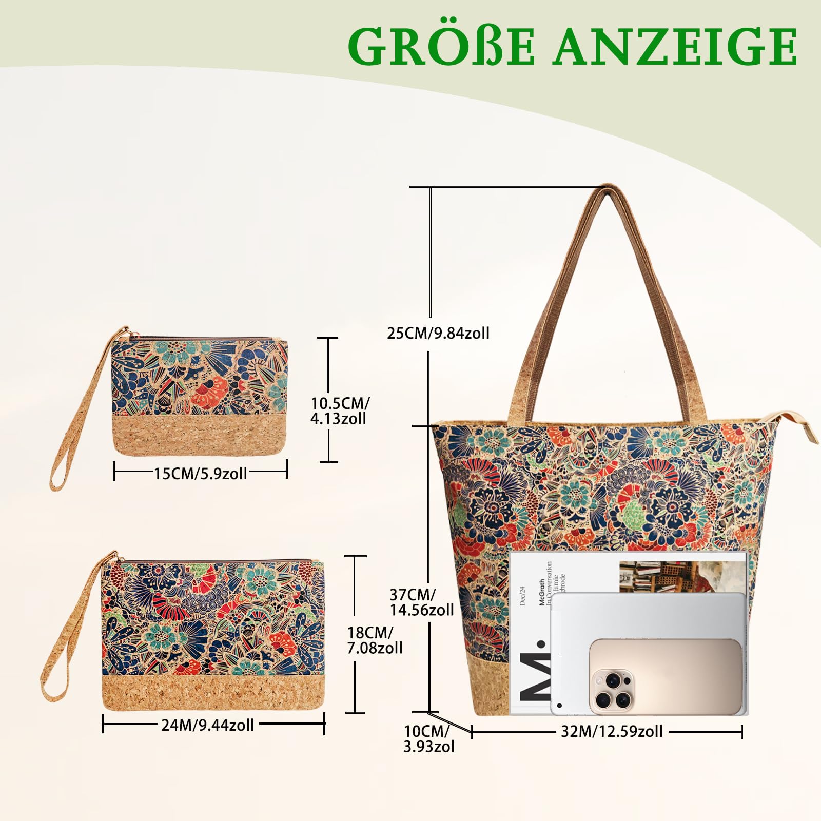 boshiho Kork Groß Schultertaschen Damen - Handtasche & Umhängetasche mit 2 Kosmetiktasche, für Schule Büro Arbeit Reisen Ausflug Einkauf Mutter Freundin als Geschenk