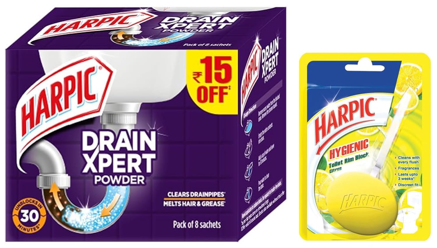 Harpic Drain Xpert Drain Cleaner Powder (50g x 8) & Harpic Hygienic