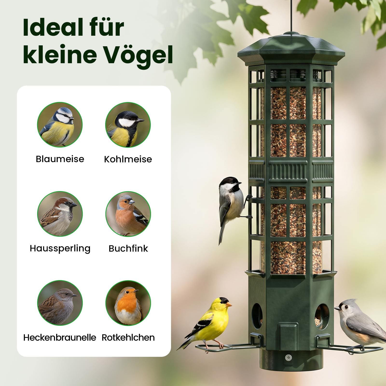 Eichhörnchensicherer Vogelfutterspender aus Metall zum Aufhängen – Vogelfutterstation mit Gewichtsmechanik, 3 Futteröffnungen, 3L Fassungsvermögen, wetterfest