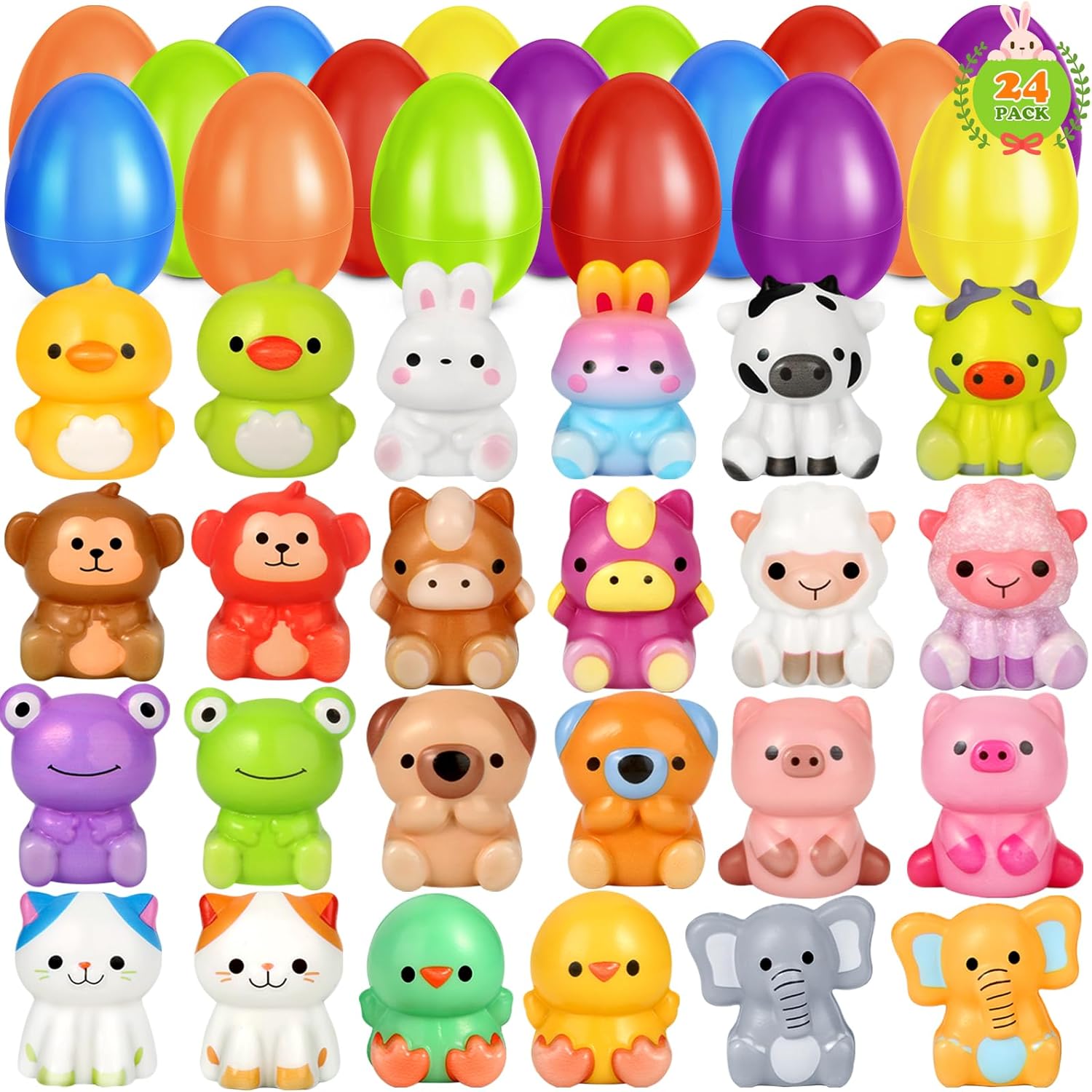 OCHIDO 24 Pack Easter Eggs Filled with Animal Squeeze Toys, Easter Basket Stuffers for Kids, Easter Basket Essentials, Easter Egg Hunt Game, Easter Party Favors for Classroom Prizes
