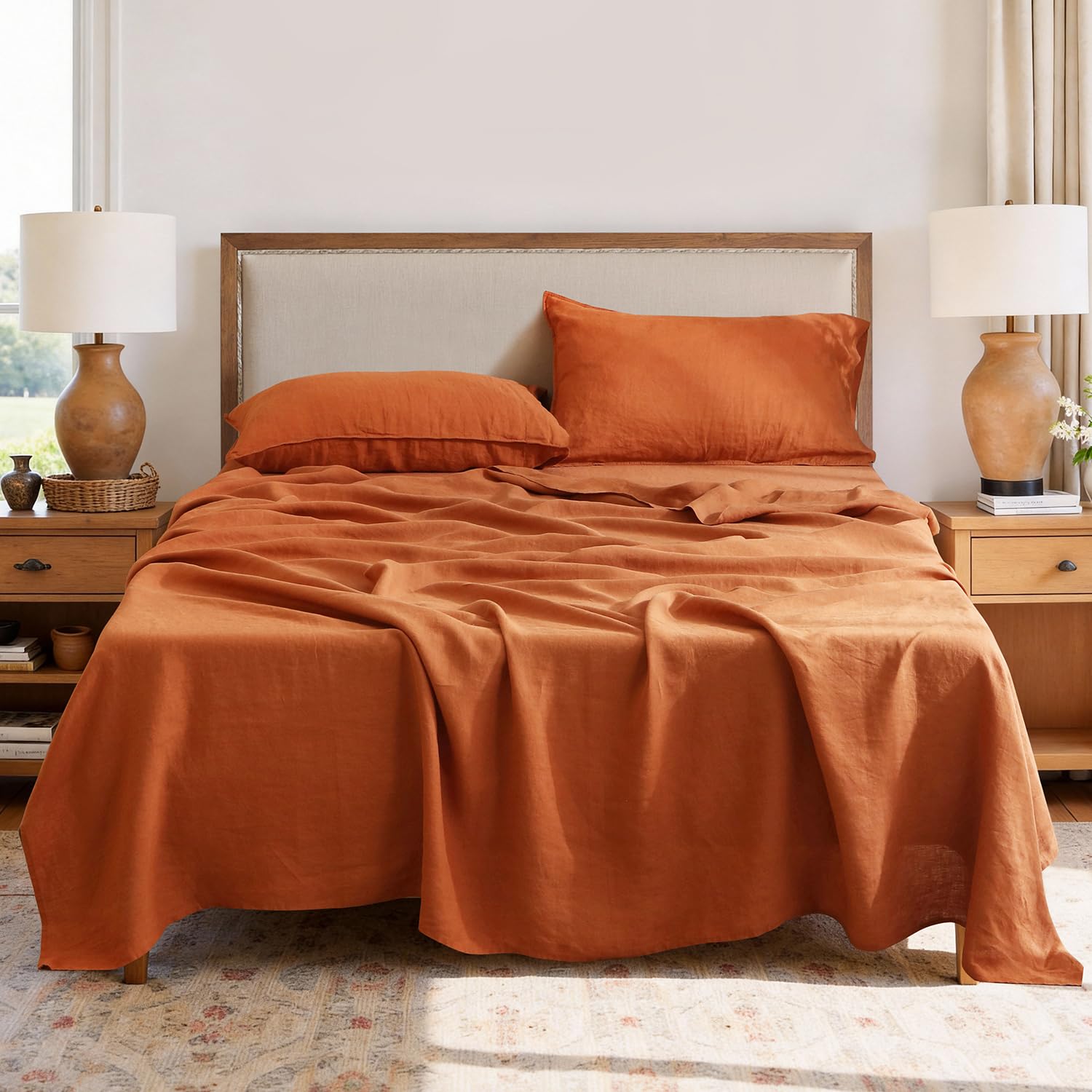 100% Organic Linen Sheets Set Queen Size,Natural French Flax from Normandy Bedding Set with Stone Washed 4 Pieces,Ultra Soft Breathable(Caramel)