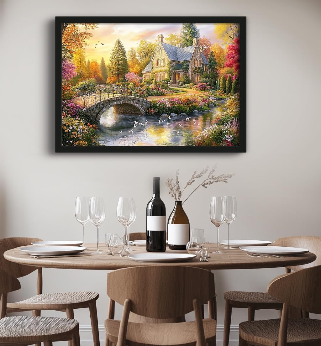Thomas Kinkade Inspired Landscape Wall Art Classic American Countrystyle Framed Canvas Painting Artwork for Home Bedroom Office Decor Ready to Hang (Fields of Stillness, 30x24, Wrapped Canvas)