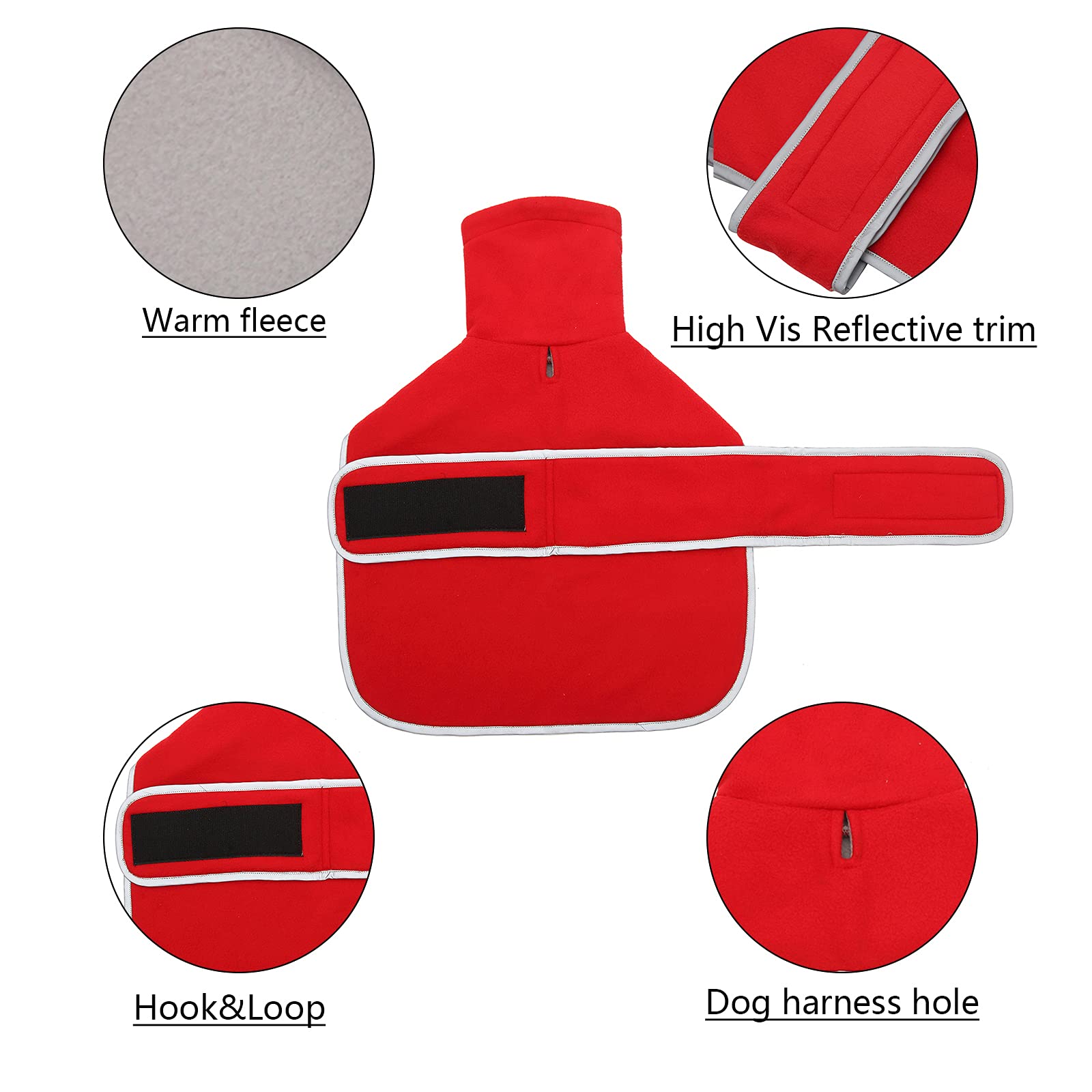 Morezi Abrigo de Invierno para Perros, Forro Polar, Cuello Alto Plegable, con Hebilla de Hook Loop Ajustable, Apto para Perros pequeños y medianos como los Perros Salchicha-Rojo-L