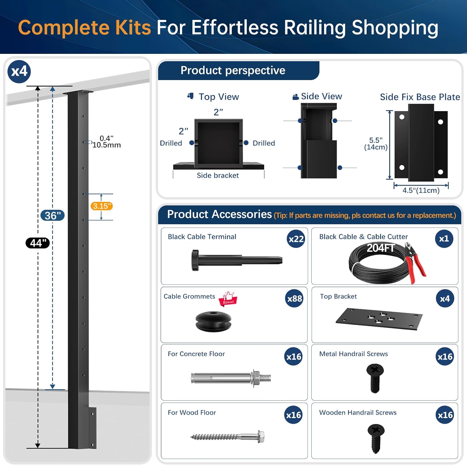 Side Mount Cable Railing Post Kit for 36" Railing System (Post Body 44"), 4 Pack Black Side Mount Level Railing Post Kit, Space-Saving Fascia Mount Rail Post for Indoor Outdoor Deck DIY Length