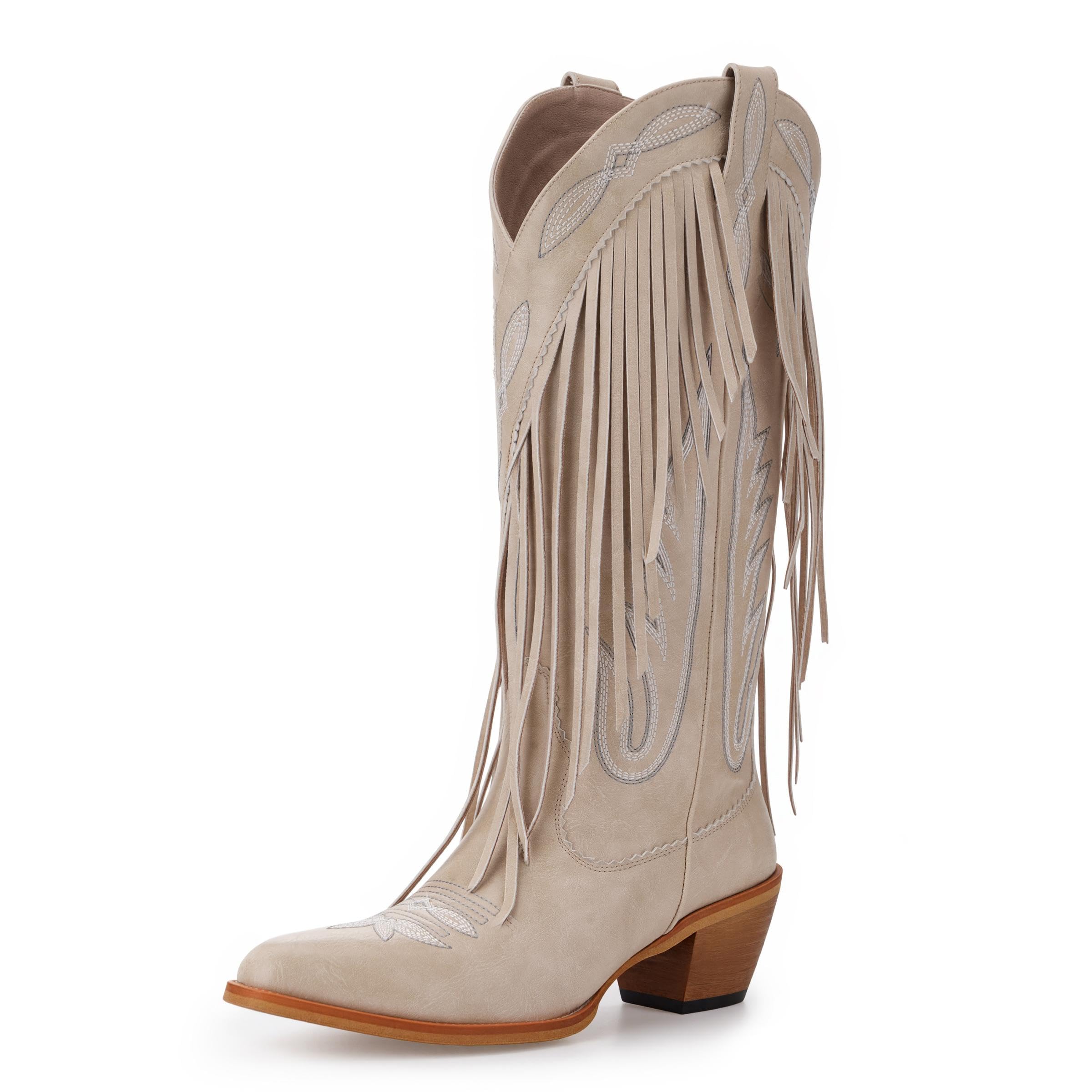 SO SIMPOK Womens Western Mid-Calf Boots - Comfortable Embroidered Leather with Fringe - Perfect for Parties and Casual