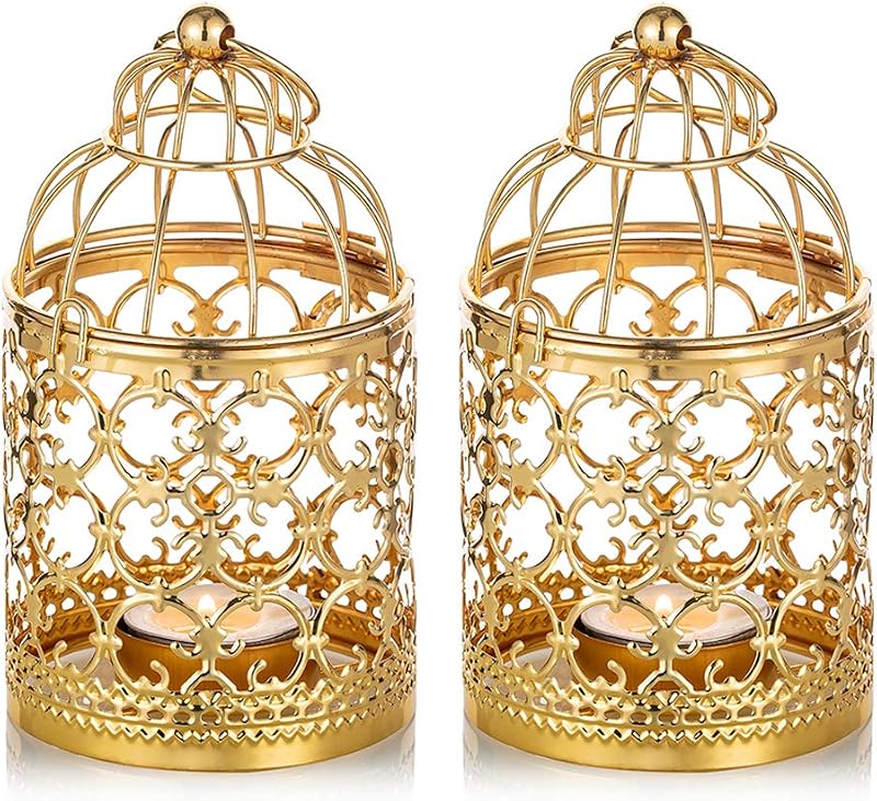 NUPTIO Candelita Colgante con Linterna de Jaula, 2 Piezas Candelabros Dorados Pequeños | Pequeño portavelas de metal para decoración navideña de Diwali Ramadán, centros de mesa decorativos vintage para fiesta de boda