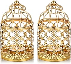 NUPTIO Lantern Ramadan Decoration Tealight - 2 Pcs Gold Hanging Tea Light Candle Holder Lanterns Metal Vintage Decorative Centerpieces of Wedding & Party Small