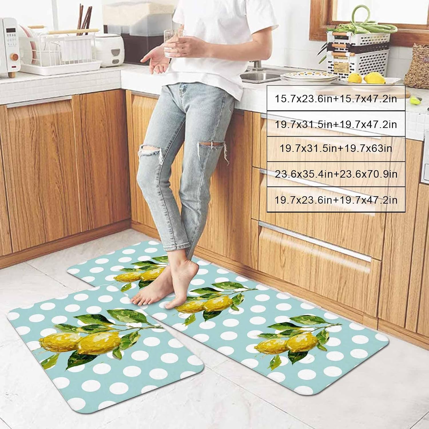 Yellow Lemons Kitchen Mat Set 2 Pieces Hand-painted Style Lemon White Polka Dots Light Blue Non Slip Kitchen Rugs Washable Runner Rug Mats for Floor Sink Laundry Office 19.7" x 31.5"+19.7" x 63"