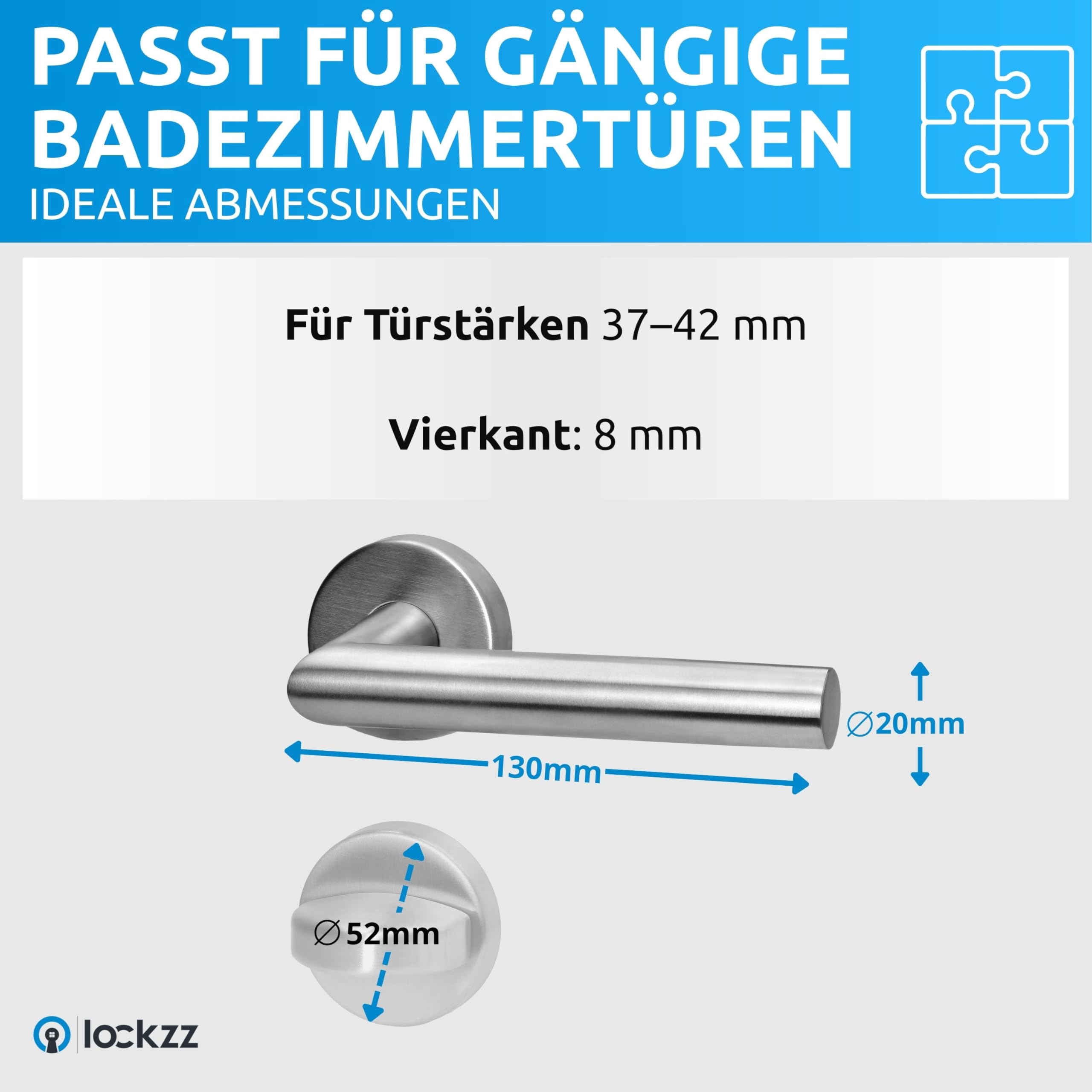 lockzz Türgriff Drückergarnitur Würzburg Edelstahl Matt Gebürstet – Türbeschlag für Badezimmertüren & WC – L-Form Rund-Rosette mit Sperrriegel & Hochhaltefeder – Badtürgriff Set