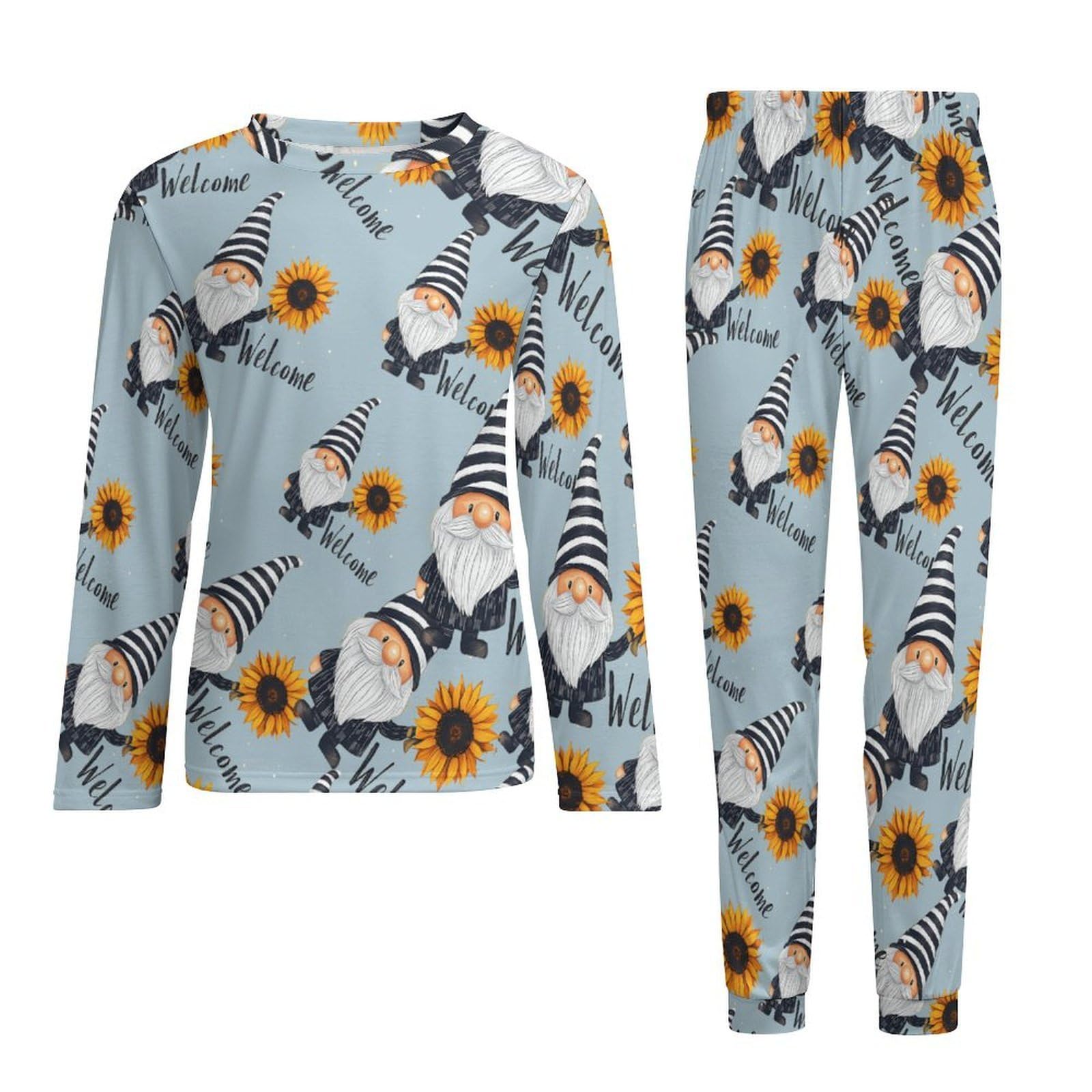 Welcome Gnome - Conjunto de pijama para hombre, cuello redondo, 2 piezas, manga larga, suave, transpirable para todas las estaciones