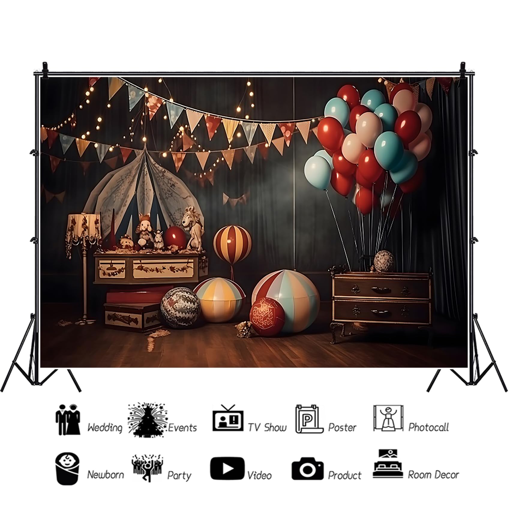 Circo Sfondo per la Fotografia 3.5x2.5m Carnevale a Tema Festa di Compleanno Foto Sfondo Palla di Gomma Palloncini Halloween Festival Celebrazione Banner Ritratto Foto Oggetti di Scena