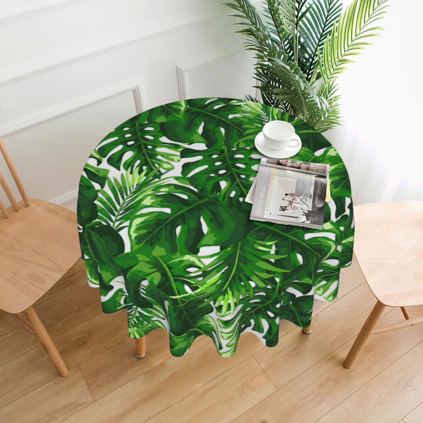 Uusnwaa Monstera Deliciosa Banana Palm Print Round Tablecloth 60 Inch, Stain Wrinkle Resistant Washable Polyester Table Cover For Kitchen Party