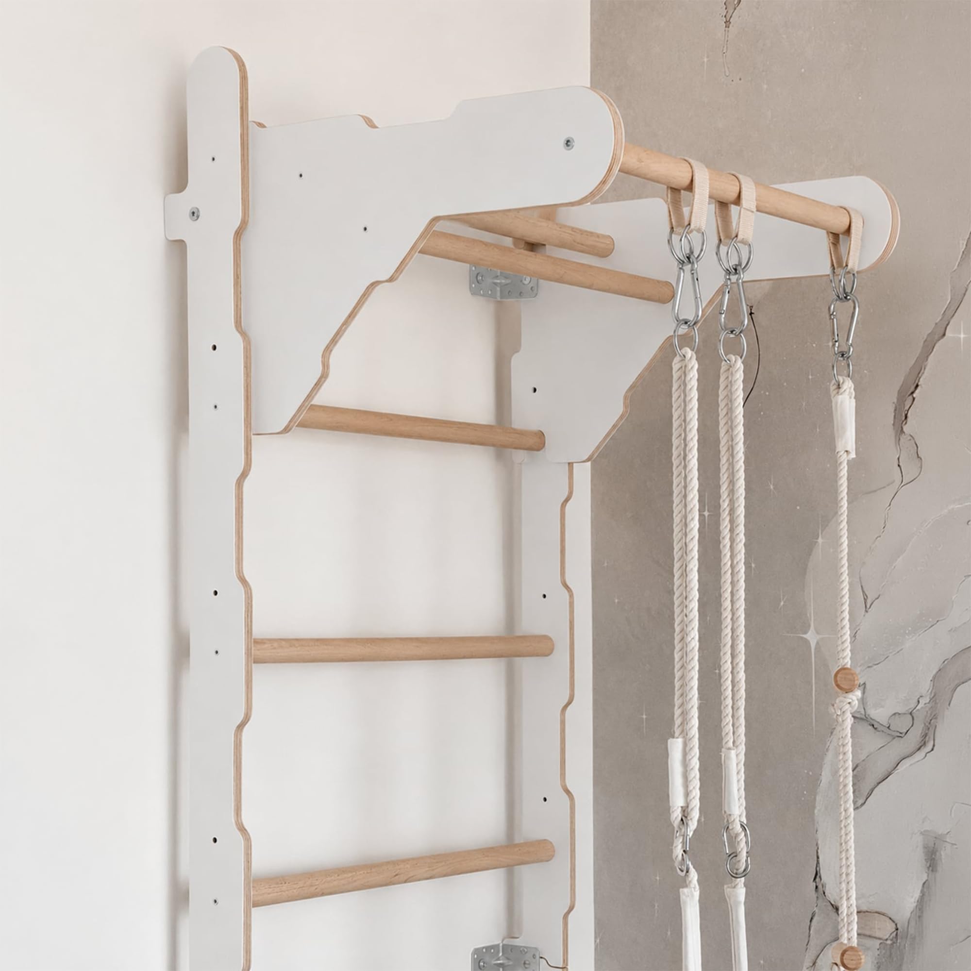 Gymnastik-Sprossenwand für Kinder (210 cm) | Wandmontierte Trainingsleiter | Strickleiter für Kinder |Holz-Spielplatz für Zuhause | Turnringe | 100% Öko | Hergestellt in der EU
