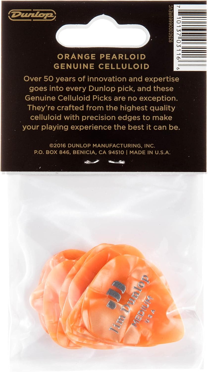 JIM DUNLOP 483P08MD Genuine Celluloid, Orange Pearloid, Medium, 12/Player's Pack