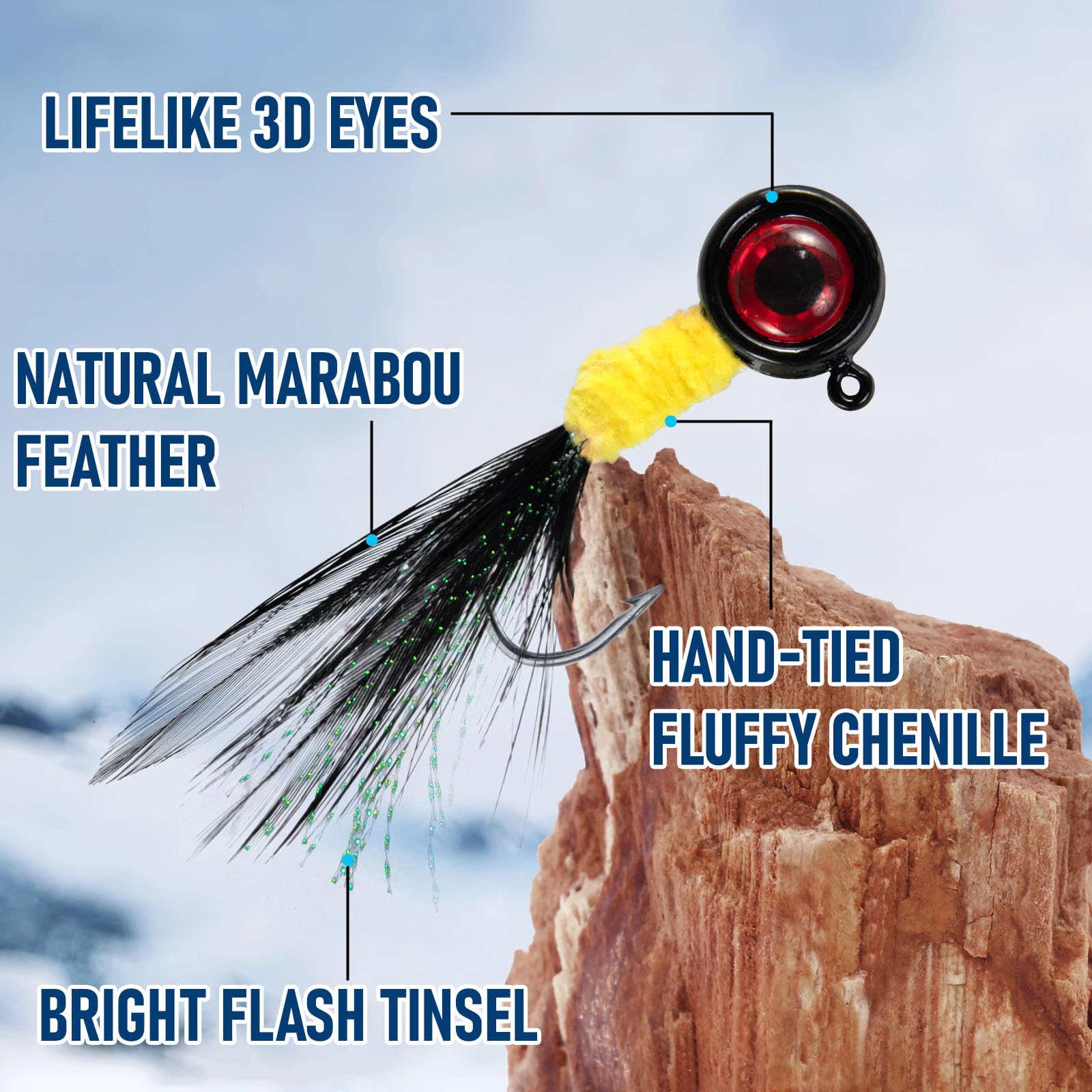 Alwonder Marabu-Jigs-Set, Angelköder, Crappie, Jigköder, Forelle, Panfish mit Feder, handgebundenes Haar, runder Angelkopf, Jighaken für Barsch, Zander, Bluegill, 1/907.2 g, 1/453.6 g, 1/226.8 g,