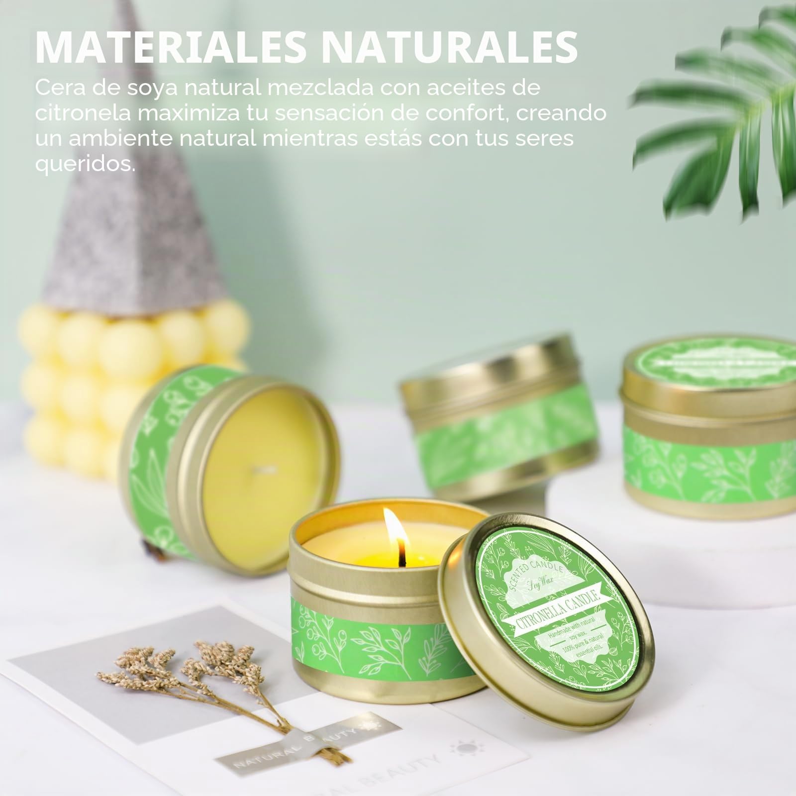 Velas de Citronela para Exterior, Citronela Cera de Soja 60-90 Horas para Interior, 6 Velas