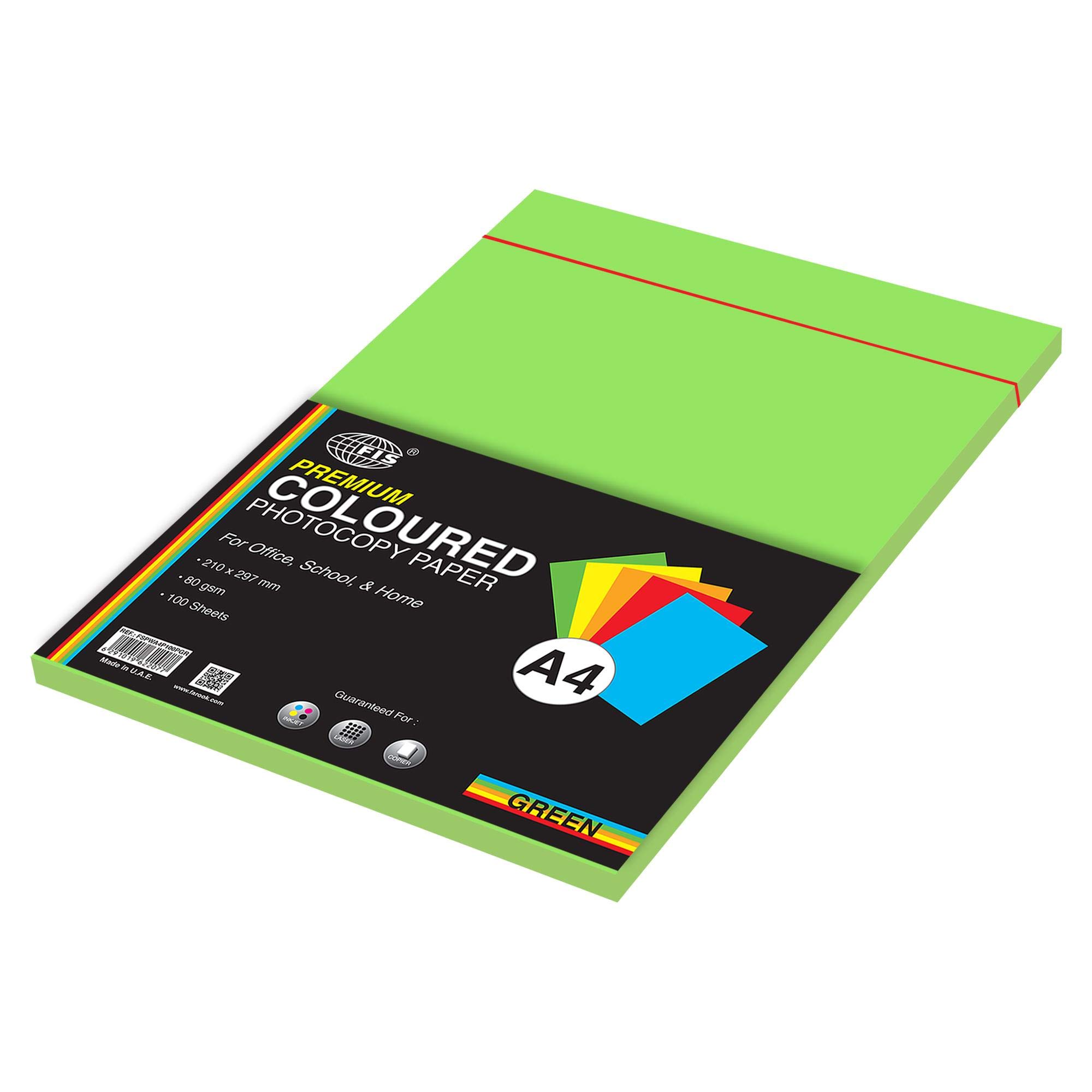 Premium Color Photocopy Paper, 100 Sheets, 80 gsm, Premium Green Color, A4 Size - FSPWA4P100PGR