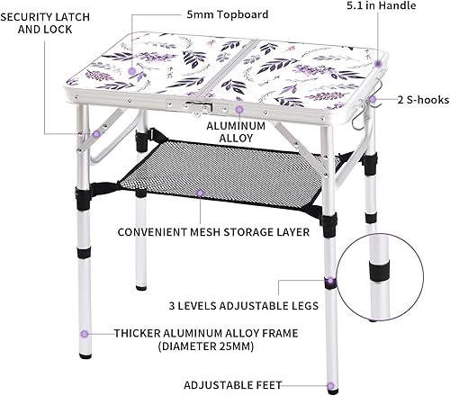 Miniatura 10 de Mesa de camping plegable de 2 pies, mesa de pinic portátil de altura ajustable, mesa de tarjetas pequeñas, de aluminio, plegable, ligera, con asa de
