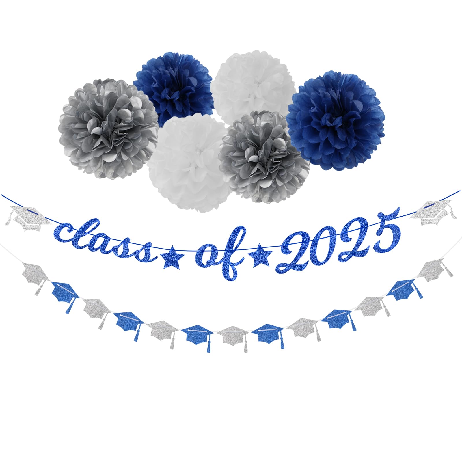 Navy-Blue White-Silver Party-Decorations Graduation Banner - 8pcs Kits Class of 2025 Cap Garland Streamers, Paper Tissue Pom Poms Flowers, Congratulations Grad Decor Lasting Surprise