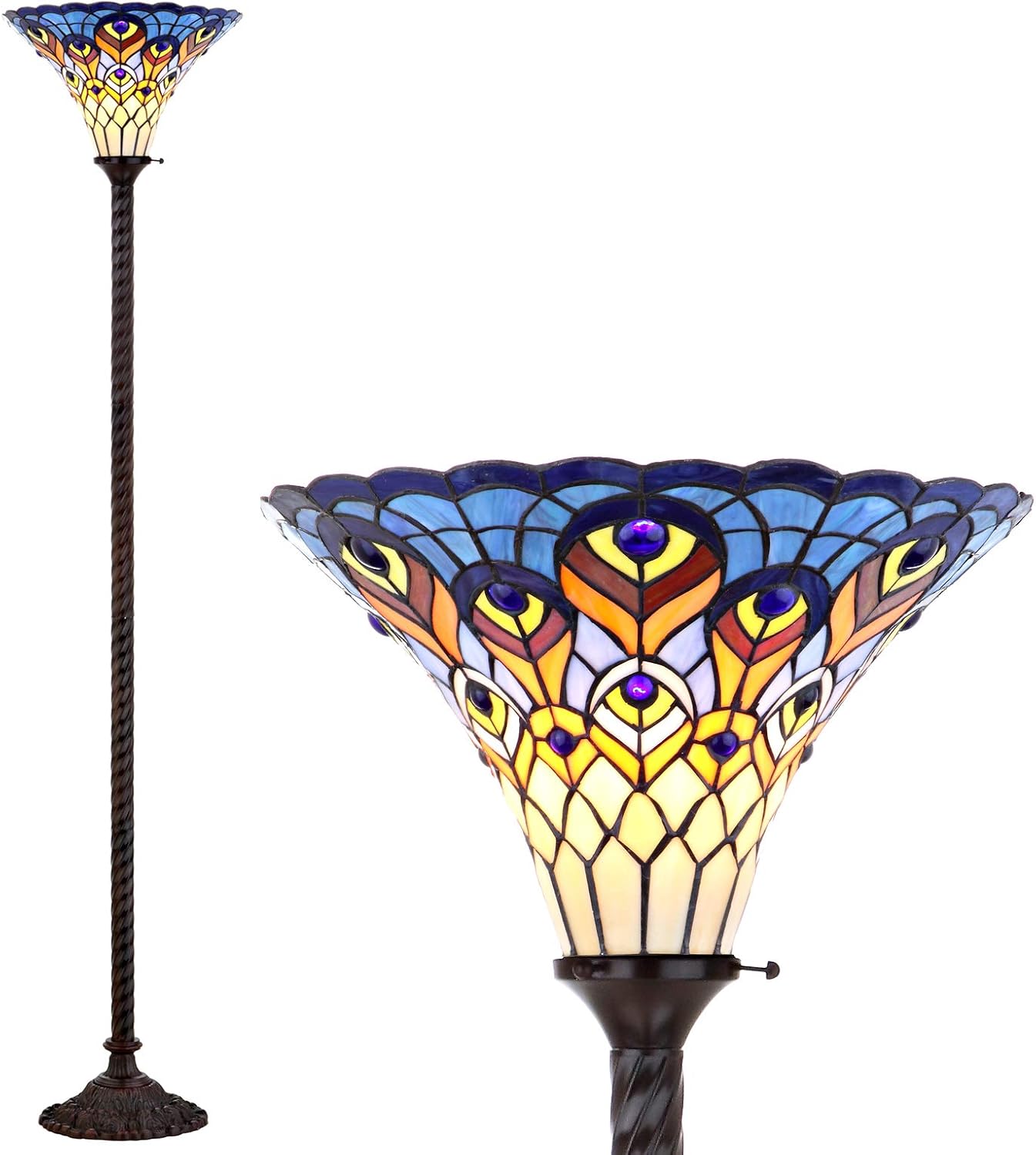 JONATHAN Y 70" Bronze Peacock Tiffany-Style Torchiere LED Floor Lamp, Traditional Stained Glass Standing Lamp for Living Room, Foot-Switch, UL Listed, LED Bulb Included JYL8006A