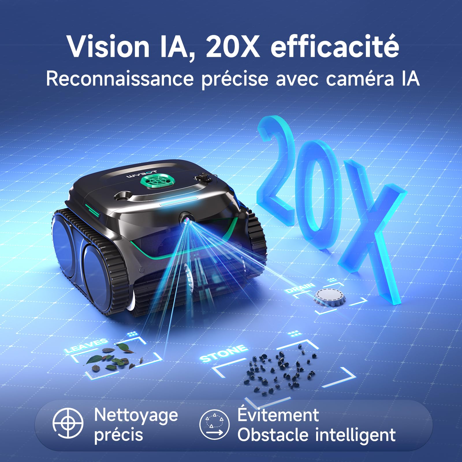 WYBOT C2 Vision Plus Robot de Piscine sans Fil avec caméra IA, Robot Batterie parois et Fond : Aspiration puissante, Double Filtre, 8 Modes, pour piscines enterrées 210 m² – Vert Minuit