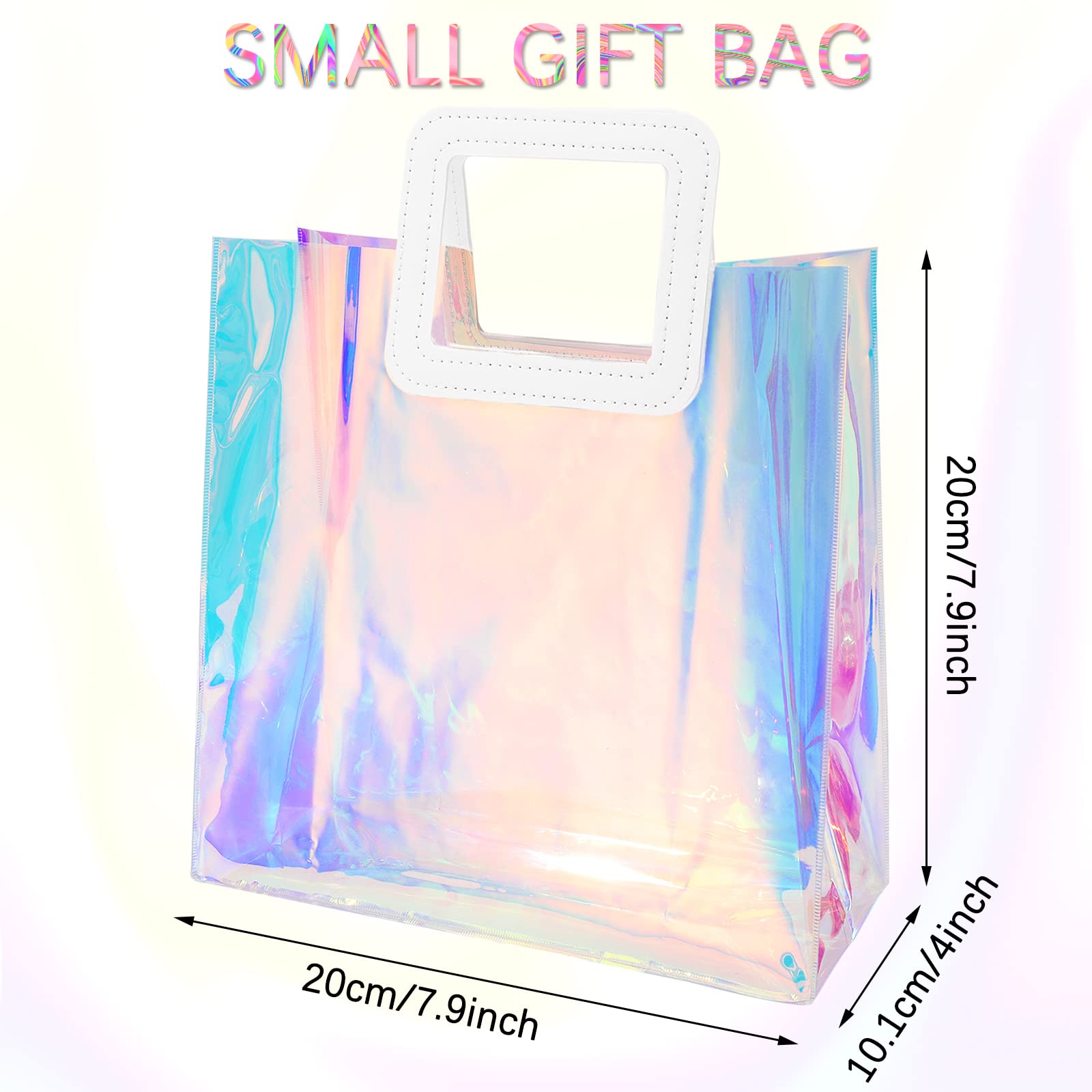 Whaline 10 Pcs Clear Holographic Small Gift Bags 7.9 x 7.9 x 4 Inch Iridescent Reusable Tote PVC Handbags Waterproof Gift Wrap Shopping Bags for Holiday Wedding Birthday Baby Shower Party Supplies